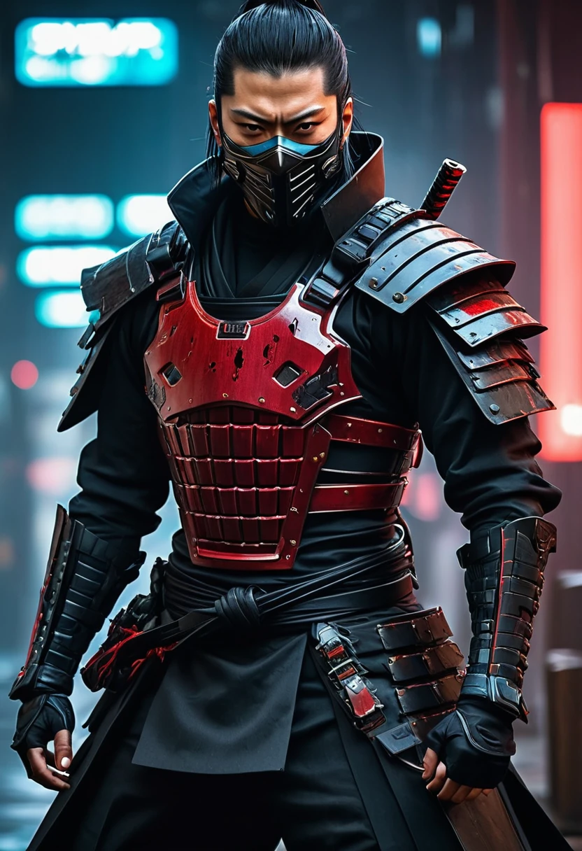 sh4g0d style cyberpunk samurai,(mantel maske:1.2),(Strong dynamic posture:1.5),(Kampf:1.3),(Blut spritzte),Stark,Das Gesicht ist entschlossen, 8k, super detail, genau, best quality