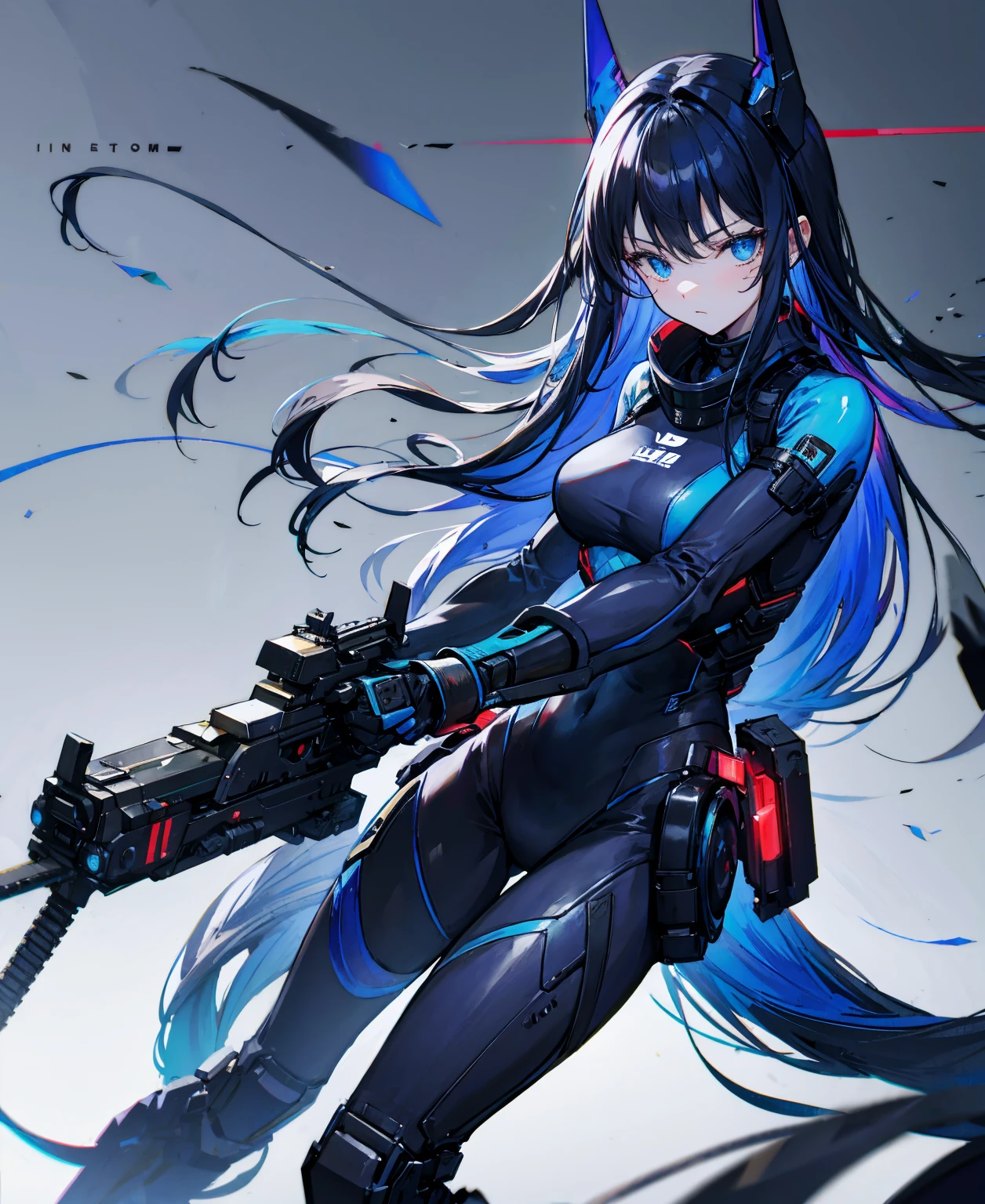 There is no background,girl,Carry a firearm,Patent leather tight suit,Use of firearms,Navy blue long hair,attention arousal,Blue colored eyes,No gradients