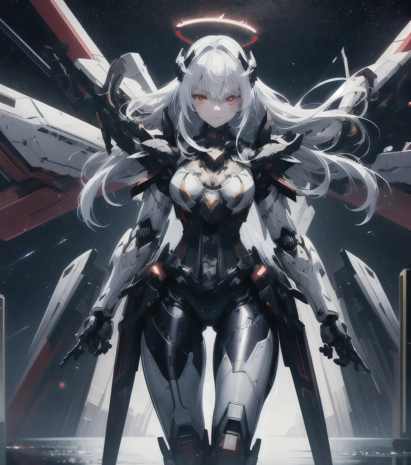 masterpiece,best quality,Super detailed,Very detailed illustrations,Extremely detailed,Intricate details,high resolution,Super intricate details,Extremely detailed 8k cg wallpaper,Cowboy shooting, Caustic lines,reflection,Ray Tracing,demon theme,nebula,Dark aura,Network Effects, (1 Girl:1.4),Solitary,Solitary,Mecha Maiden,Mechanical Parts, joint,Single robotic arm, hat, Mechanical Halo,Hello Star,Complex mechanical tights, Mecha corset, fully armed, Very long hair,white hair, Hair between the eyes, Colorful hair, Colored undercoat, Red Eyes,Glowing eyes,line of sight, Random Expression,Random actions, Japanese architecture,pond, Starry Sky,Skyline,
