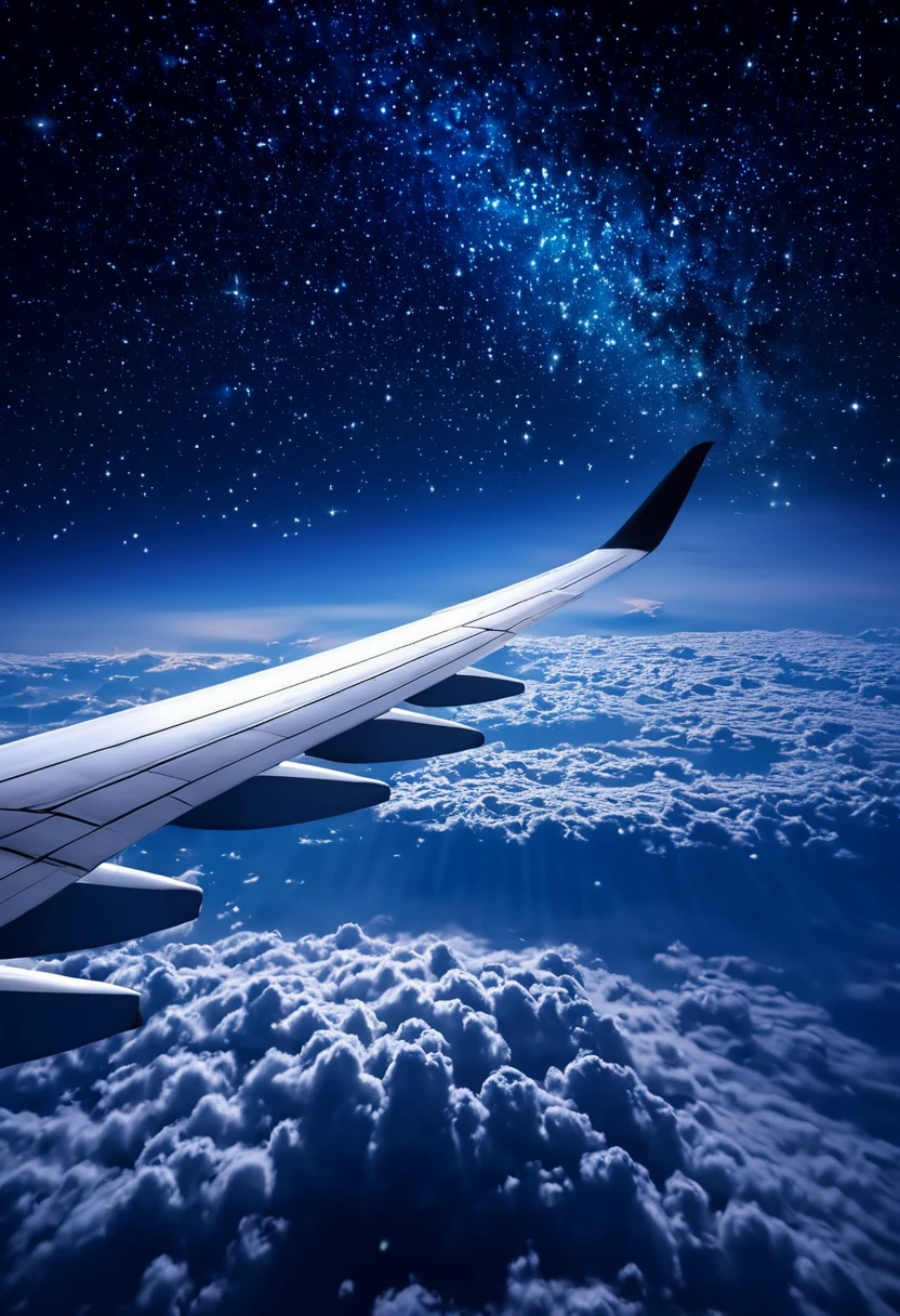 night flight、Passenger plane flying above the sea of clouds、Full of stars