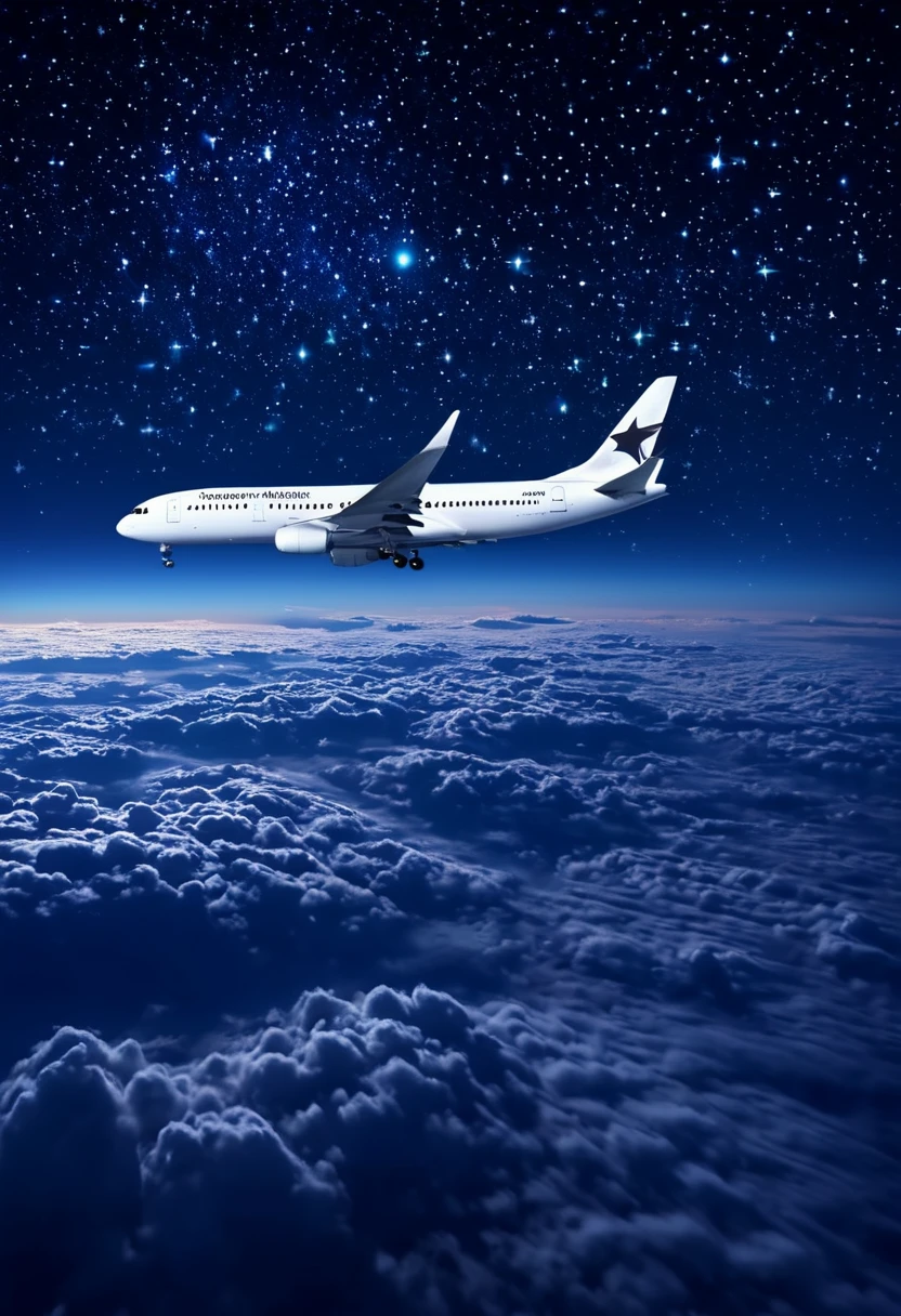 night flight、Passenger plane flying above the sea of clouds、Full of stars
