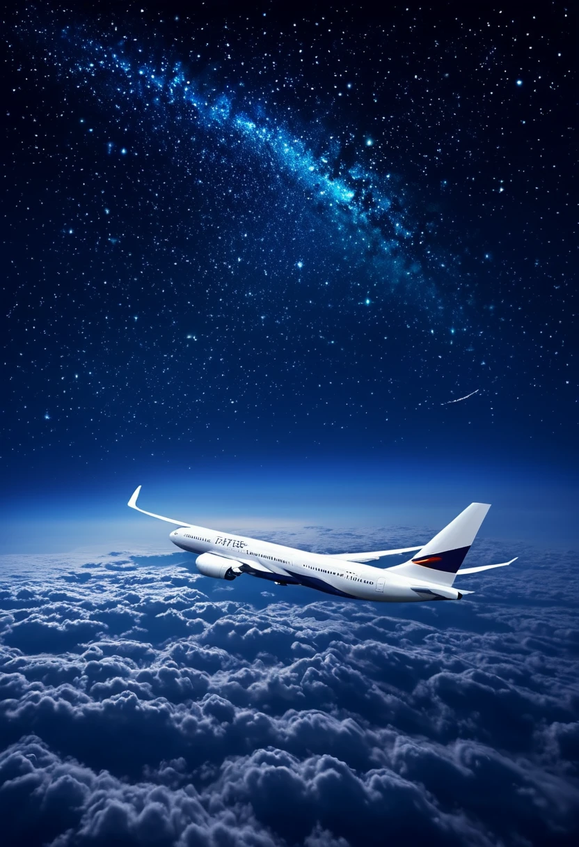 night flight、Passenger plane flying above the sea of clouds、Full of stars