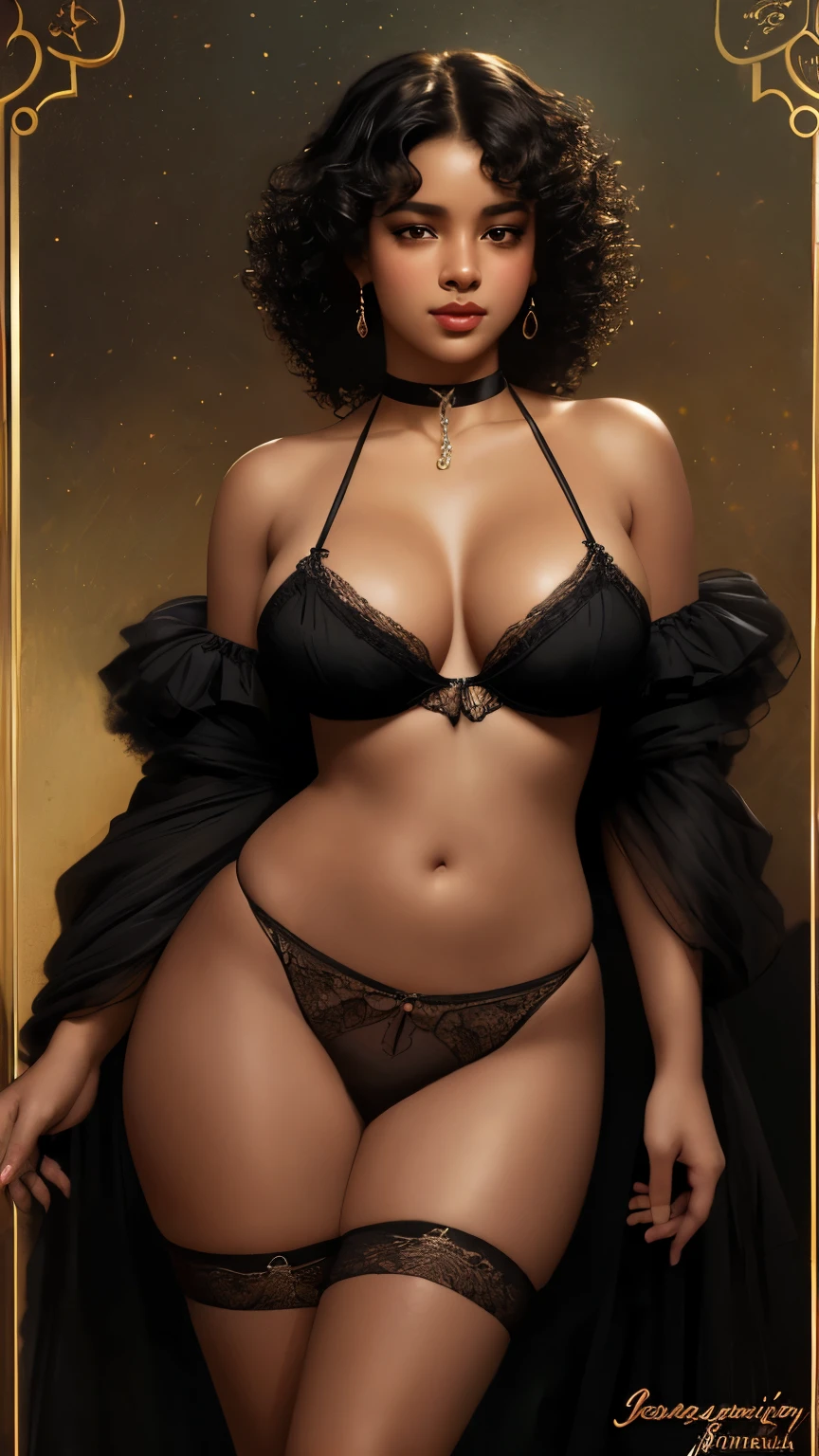 ,exotic busty brazilian girl, dancer, wearing sexy lingerie, black close-cropped hair, curly hair, dark skin, (choker), fantasy art, concept art, sexy pinup, highly detailed, high quality, 8k, delicate features, feminine, seductive, by night, (style of howard chandler christy:1.0), (art by jean-joseph benjamin-constant:1.3)