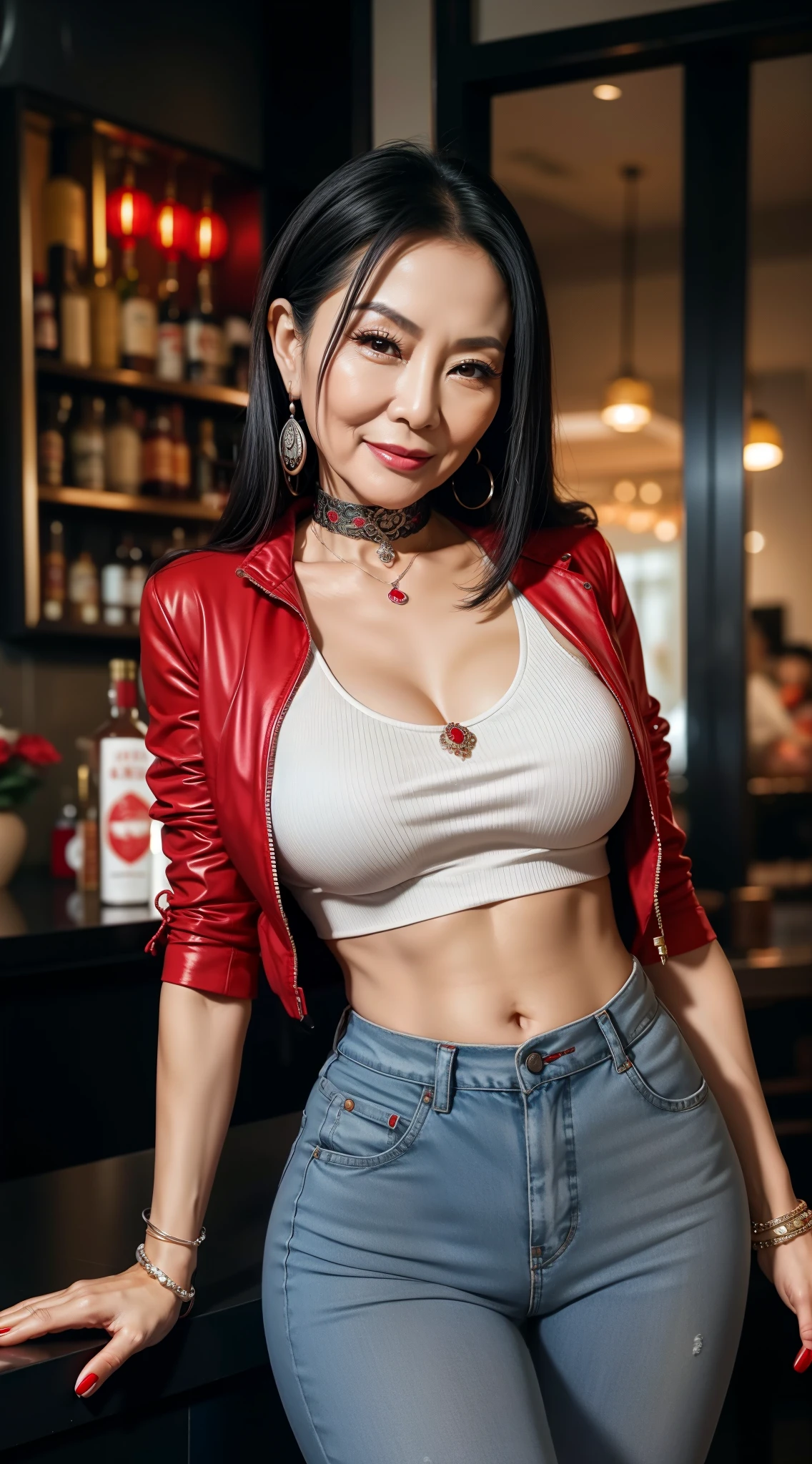 75 years old Mom MILF Chinese Lady large earring Big choker navel piercing decoration A bracelet Silver Hair realisitic Gorgeous Madame Beautiful Mature Woman sexy Smile Gentle woman navel piercing 4K High quality red jacket bar counter sake Red jacket Gorgeous Madame Beautiful Mature Woman