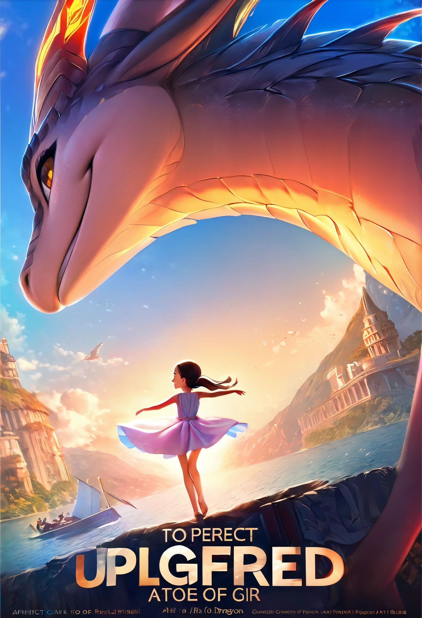 movie poster, highres, top quality, best quality, paid reward available, unparalleled masterpiece, perfect artwork, absurdres, High-quality illustrations, super high resolution, detailed background, perfect anatomy(1girl, large gragon)(animation, movie of a Dragon and human girl)blue sky, smile, smile, happy, joyful, cinematic lighting, title logo,