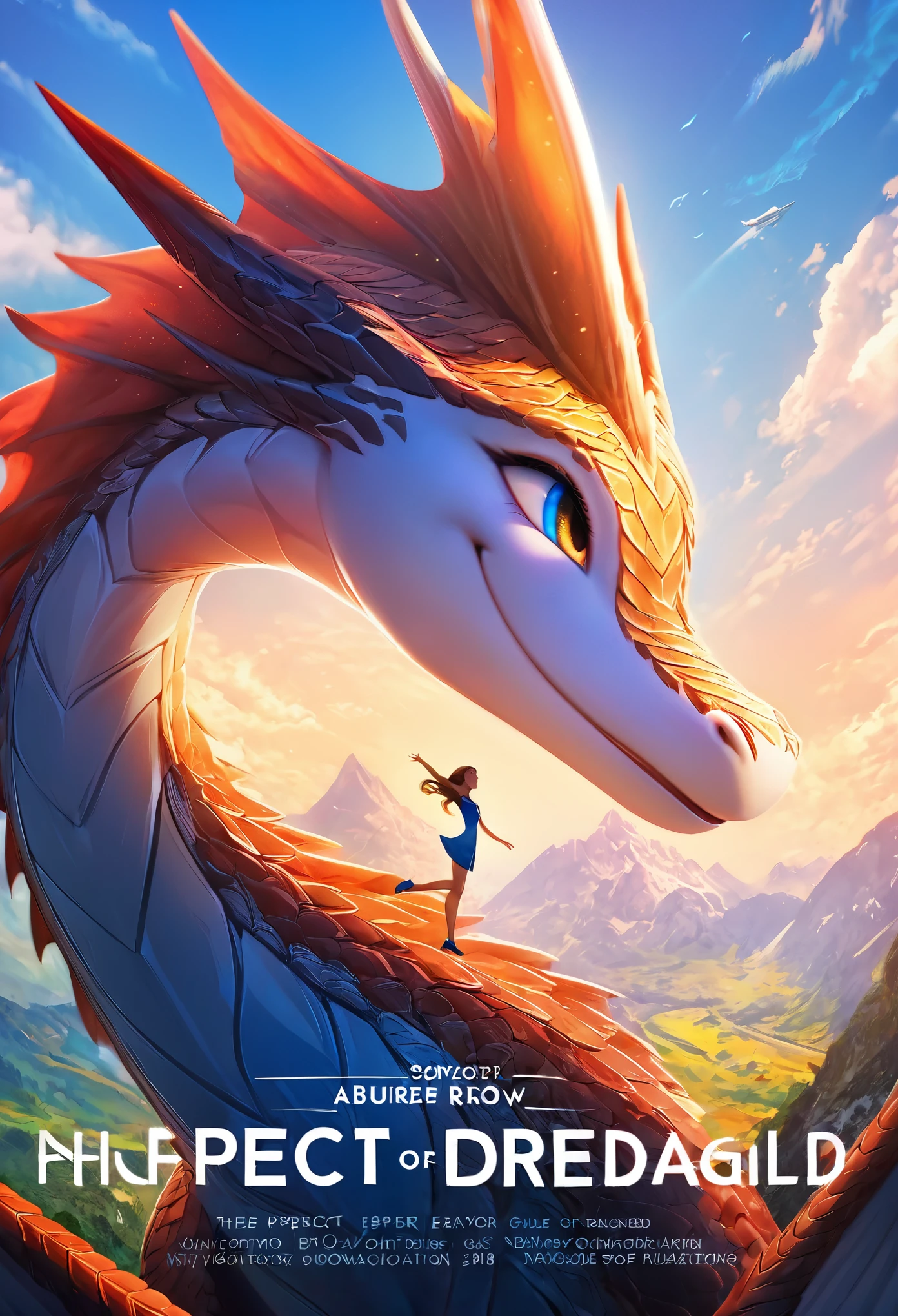 movie poster, highres, top quality, best quality, paid reward available, unparalleled masterpiece, perfect artwork, absurdres, High-quality illustrations, super high resolution, detailed background, perfect anatomy(1girl, large gragon)(animation, movie of a Dragon and human girl)blue sky, smile, smile, happy, joyful, cinematic lighting, title logo,