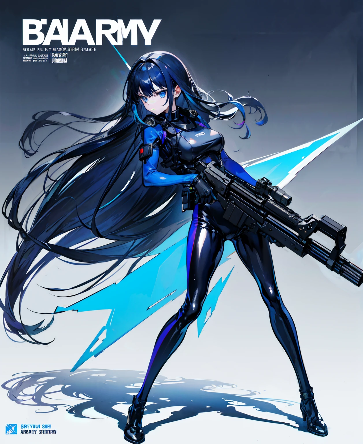 There is no background,girl,Carry a firearm,Patent leather tight suit,Use of firearms,Navy blue long hair,attention arousal,Blue colored eyes,No gradients