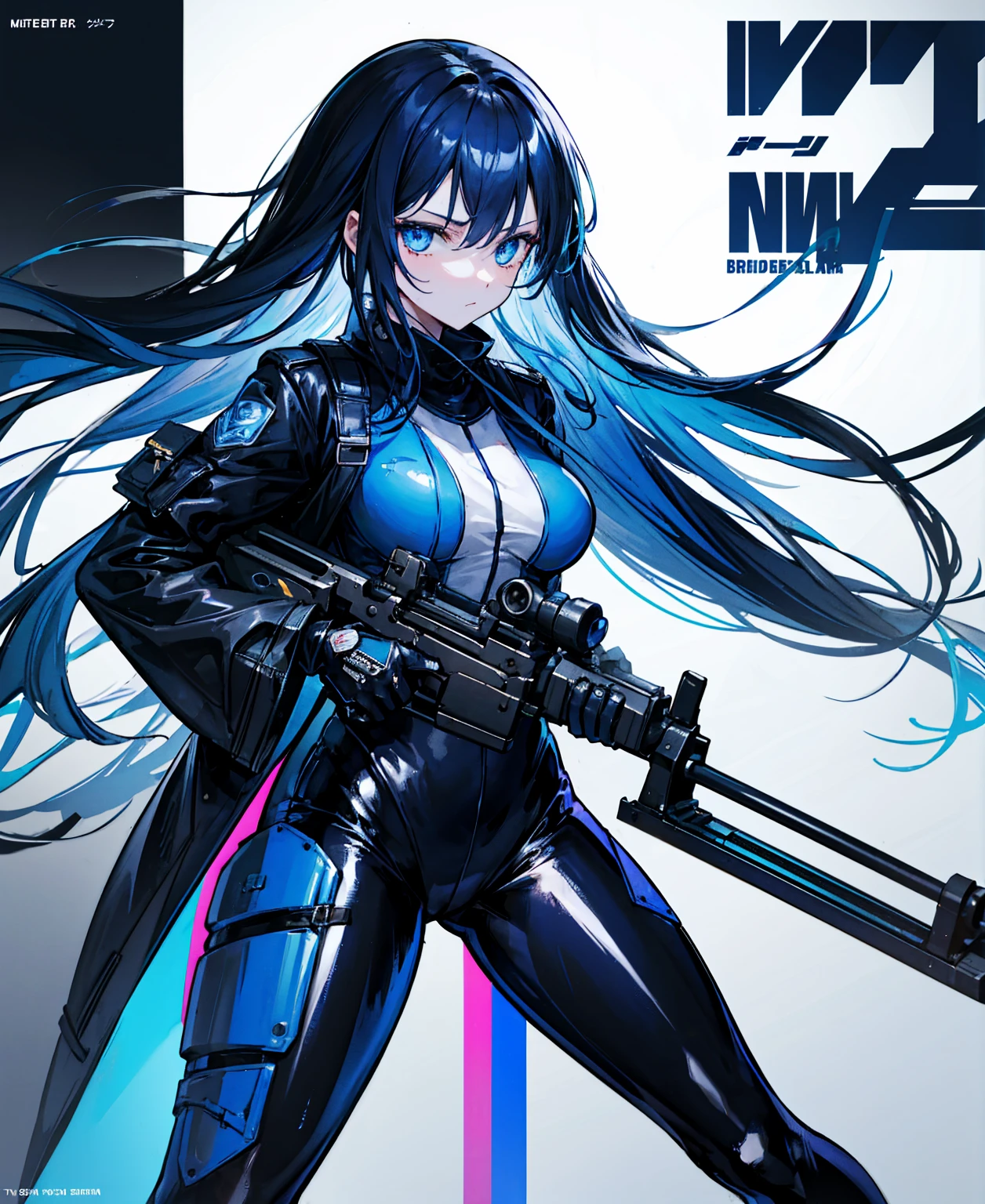 There is no background，girl，Carry a firearm，Patent leather tight suit，Use of firearms，Navy blue long hair，attention arousal，Blue colored eyes,No gradients