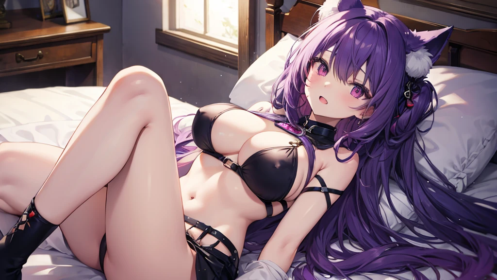 Fox Girl, Large Breasts, voluminous purple hair, masterpiece , Red eyes, hd, Head to Chest, buried in my chest、Underboobs、Double teeth,, On the bed