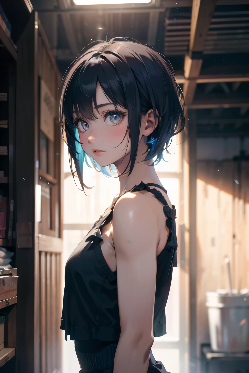 a 20 yo woman、Black blue hair、Bery short hair、(hi-top fade:1.3)、dark themed、Muted Tones、Subdued Color、highly contrast、(natural skin textures、Hyper-Realism、Soft light、sharp)