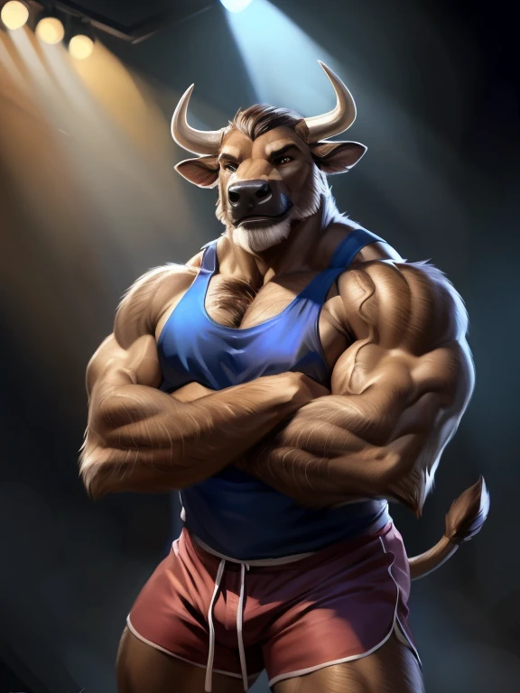 4K, high resolution, best quality, Perfect color, Perfect shadow, release date:E621, Portrait shoot, Hairy body, Solitary,
Anthropology Brown Bull, (Drab brown fur, anatomically correct oxtail:1.3), male, (middle aged, Mature:1.2), (Curved horns), (greybeard:1.35), (Strongman, muscular, beefy, Lots of, veiny, Gain, Masculinity, male:1.4), Correct anatomy, (Realistic hair, Detailed fur, epic, masterpiece:1.2), (through fiddler tarant, From chunie, by Lukis, Bonifacio Lighting), (Nails on the hands), Detailed Bullseye,, (Blue sports vest:1.3), (red shorts:1.4), ((Arms Crossed)), Best posture, Smile, spotlight