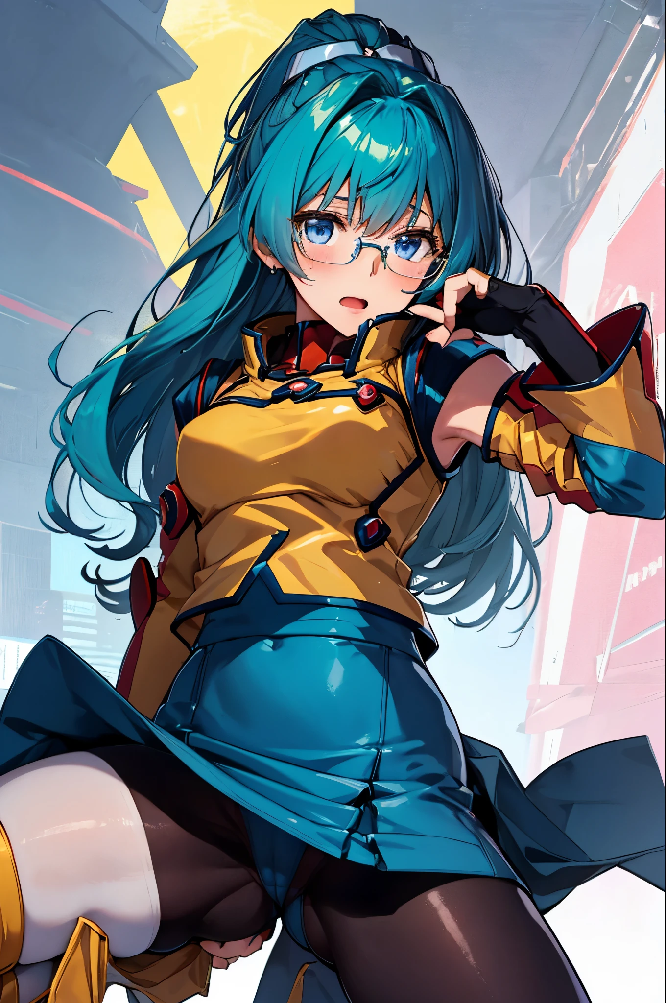srwangelica, hair intakes, hair ornament, blue eyes,
glasses, yellow uniform, detached sleeves, yellow skirt, pantyhose, fingerless gloves, (upper body:1.3),open mouth, embarrassed ,blush,(spread legs:1.3),(legs up),(cameltoe:1.3),