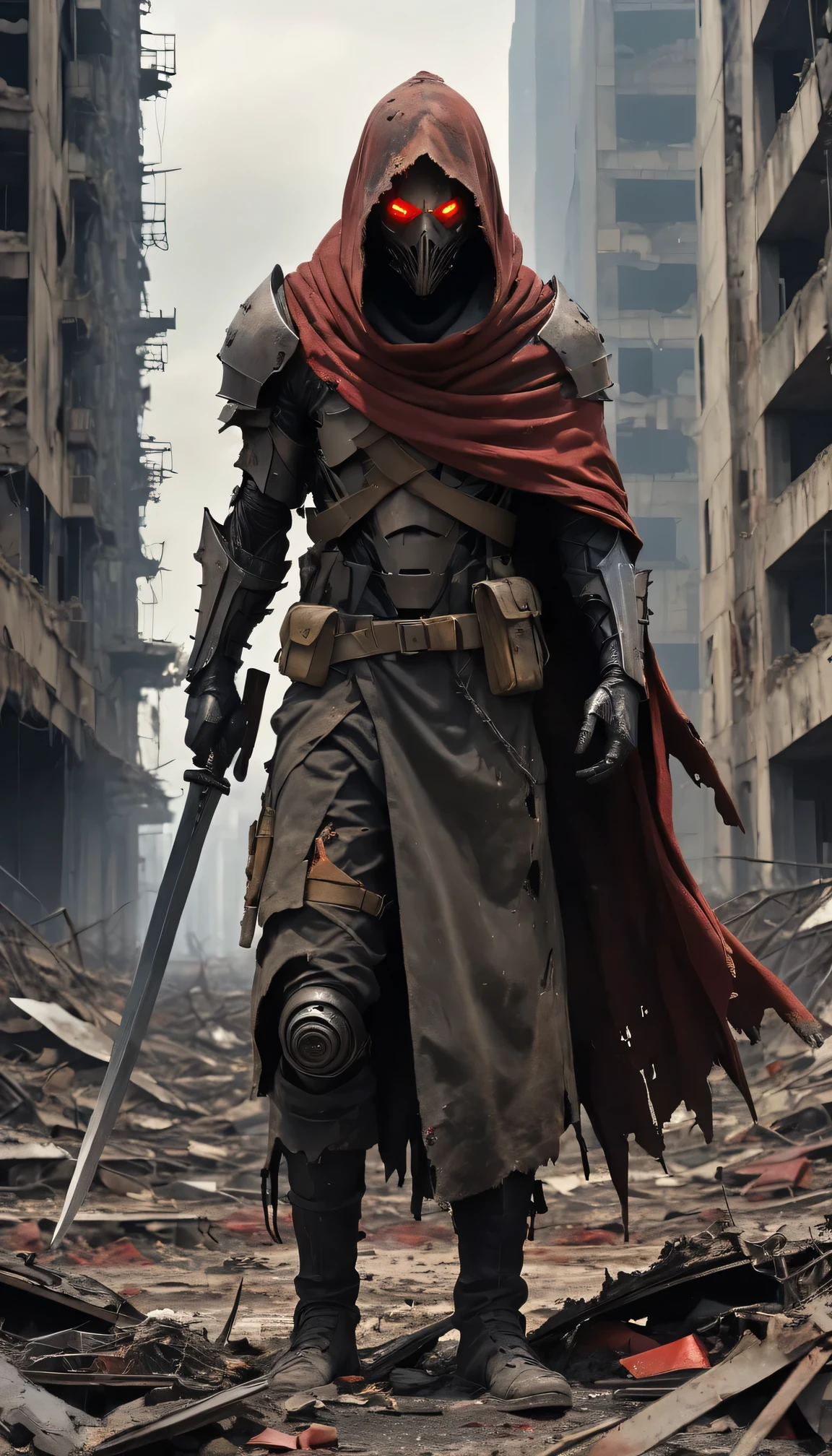 best quality,4K,8k,high resolution,masterpiece:1.2,Super detailed,Practical:1.37,Futuristic post-apocalyptic landscape,Desolate view,Abandoned ruins,Ruined City,crumbling building,Dramatic Lighting,Barren wasteland,Decaying infrastructure,dark clouds,Sharp focus,Detailed texture,Hazy atmosphere,Melancholic atmosphere,ominous shadow,Collapsed skyscrapers,Overgrown vegetation,Nuclear consequences,Dust particles,Weathered surfaces,Steel armor,Fierce Swordsman,Dystopian Warrior,Magnificent,Stand firm,scarred face,Serious expression,Red glowing eyes,Tattered Cloak,cityscape in ruins,Broken glass,Metal fragments,Burn marks,barbed wire,Abandoned vehicles, Standing figure,The apocalyptic palette,Gloomy Tone,Industrial aesthetics,Rough and worn appearance,Prepare for an epic battle,Post-war chaos,Determination,ominous presence