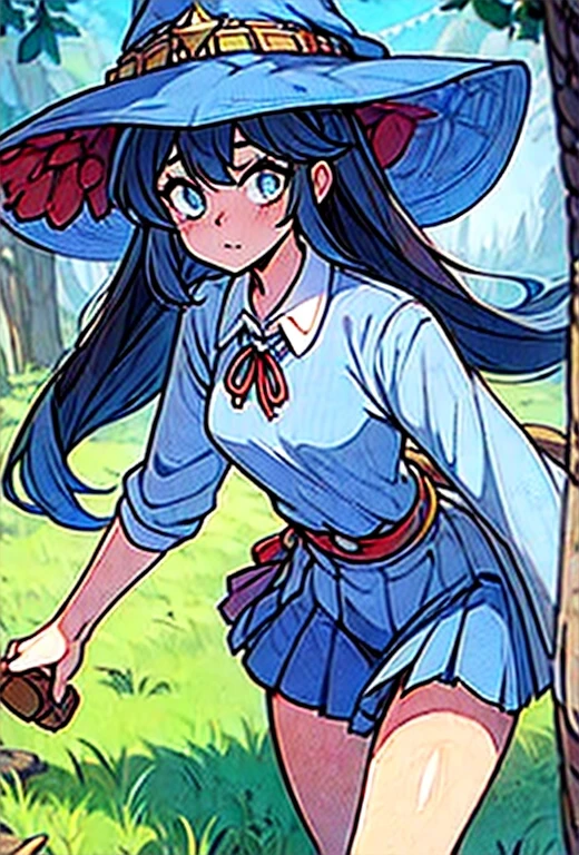 medieval european style ,clothes that cover the body, blue uniform skirt that covers the thighs, wide-brimmed witch hat, blue witch hat with red ribbon, discreet outfits, one character, blue T-shirts cover the body, green long hair, blue fantasy clothes with red trim, small breasts, witch girl, cloak, brown leather boots, standing, minimalist outfit, Expressive Eyes, Unique Eye Features, Reflective Eyes, Depth and Soul, Cultural Significance, Eyes as Narrative Devices, standing