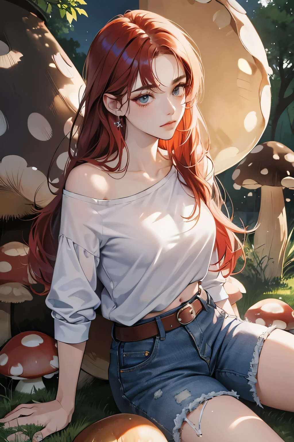 (absurdres, highres, ultra detailed),Masterpiece,Best quality,4k,8k,depression,(expressionless),(Stoic Sorrow:1.2),anime girl,(vute japanese girl)anime style,Realistic face,20 years old girl,Realistic skin texture,magnified textures, stunning clarity,(rock star girl),Checkered shirt,plain t-shirt,(Belly button、Shoulder Bare),big breasts,Damaged jeans,short pants,shorts,leather belt,long hair,red hair,sitting,look at viewer,forest,(too many big mushrooms like big trees:1.2),too big mashrooms,(night),dark,