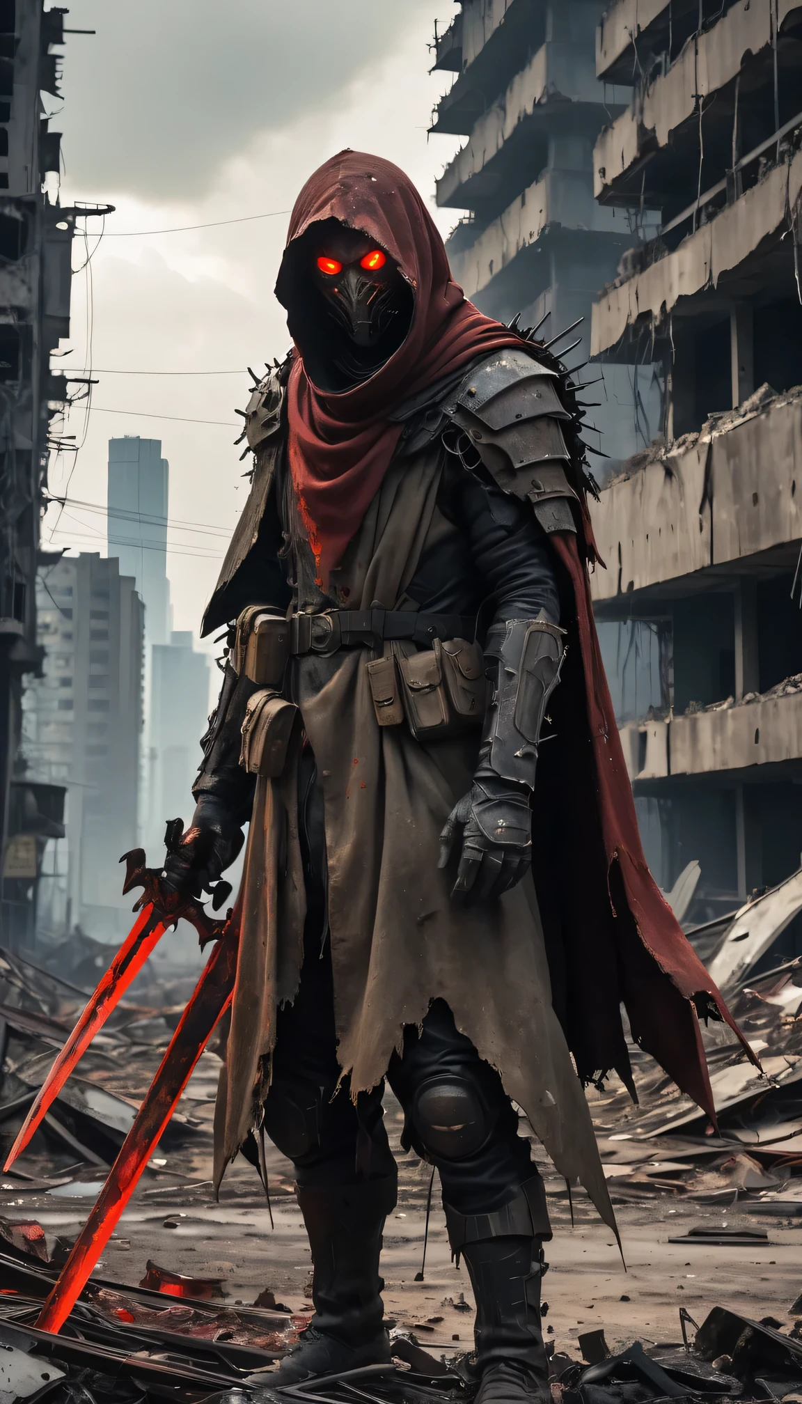best quality,4K,8k,high resolution,masterpiece:1.2,Super detailed,Practical:1.37,Futuristic post-apocalyptic landscape,Desolate view,Abandoned ruins,Ruined City,crumbling building,Dramatic Lighting,Barren wasteland,Decaying infrastructure,dark clouds,Sharp focus,Detailed texture,Hazy atmosphere,Melancholic atmosphere,ominous shadow,Collapsed skyscrapers,Overgrown vegetation,Nuclear consequences,Dust particles,Weathered surfaces,Steel armor,Fierce Swordsman,Dystopian Warrior,Magnificent,Stand firm,scarred face,Serious expression,Red glowing eyes,Tattered Cloak,cityscape in ruins,Broken glass,Metal fragments,Burn marks,barbed wire,Abandoned vehicles, Standing figure,The apocalyptic palette,Gloomy Tone,Industrial aesthetics,Rough and worn appearance,Prepare for an epic battle,Post-war chaos,Determination,ominous presence