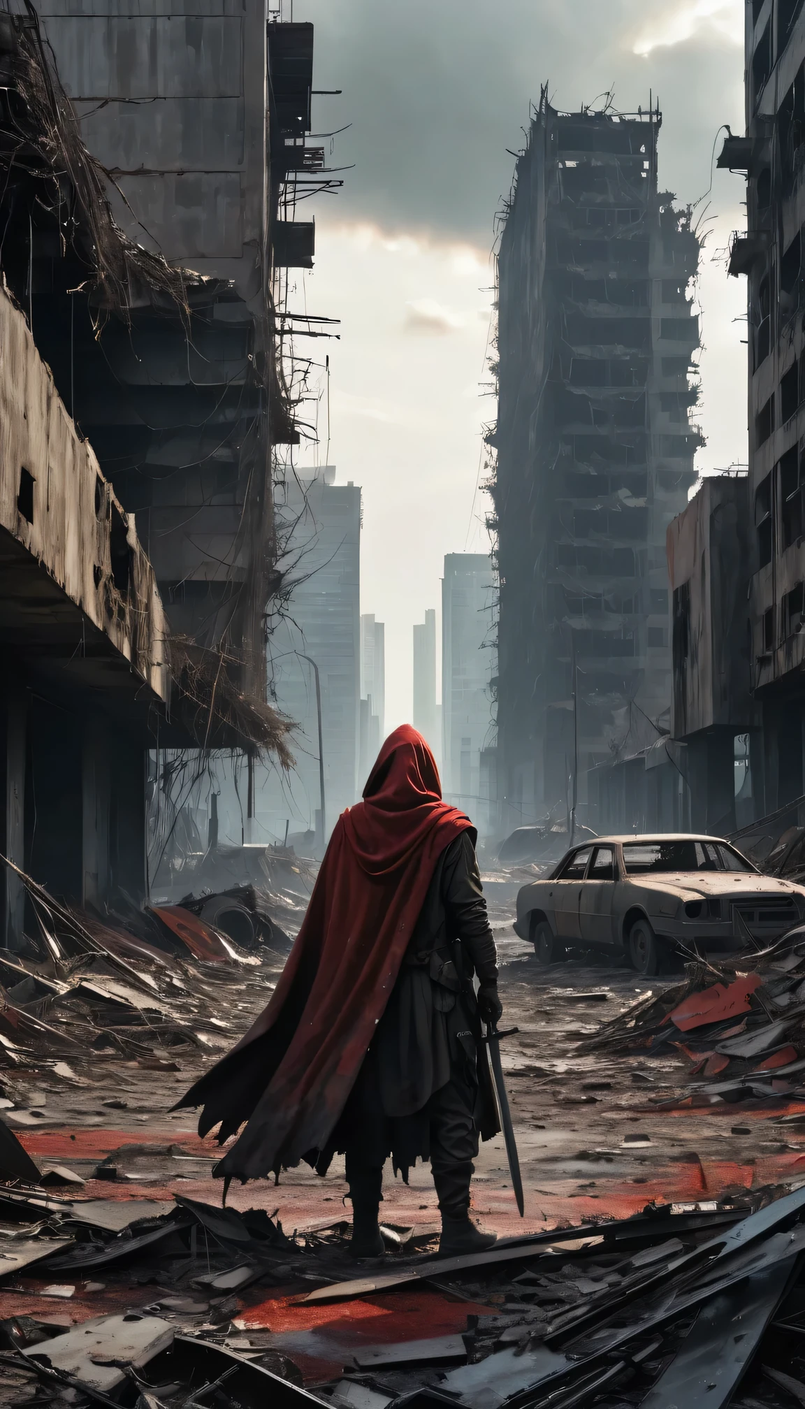 best quality,4K,8k,high resolution,masterpiece:1.2,Super detailed,Practical:1.37,Futuristic post-apocalyptic landscape,Desolate view,Abandoned ruins,Ruined City,crumbling building,Dramatic Lighting,Barren wasteland,Decaying infrastructure,dark clouds,Sharp focus,Detailed texture,Hazy atmosphere,Melancholic atmosphere,ominous shadow,Collapsed skyscrapers,Overgrown vegetation,Nuclear consequences,Dust particles,Weathered surfaces,Steel armor,Fierce Swordsman,Dystopian Warrior,Magnificent,Stand firm,scarred face,Serious expression,Red glowing eyes,Tattered Cloak,cityscape in ruins,Broken glass,Metal fragments,Burn marks,barbed wire,Abandoned vehicles, Standing figure,The apocalyptic palette,Gloomy Tone,Industrial aesthetics,Rough and worn appearance,Prepare for an epic battle,Post-war chaos,Determination,ominous presence