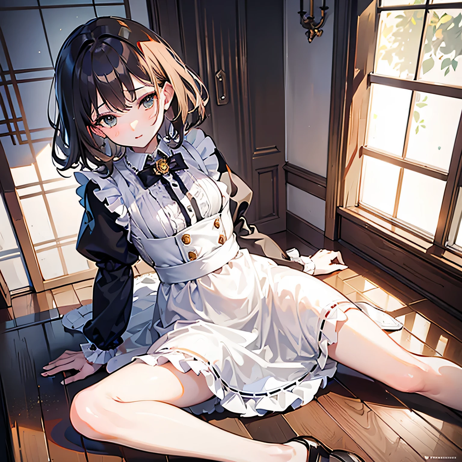 ((best quality)), ((masterpiece)), ((high resolution)), ((ultra-detailed)), ((best illustration)), (detailed), perfect face, perfect fingers, perfect hands, one girl, anime, frightened expression, late s, short hair, wavy hair, light brown hair, light brown eyes, maid uniform, small breasts, luxurious room background, w-sitting on floor, scattered glass shards on floor, angled view