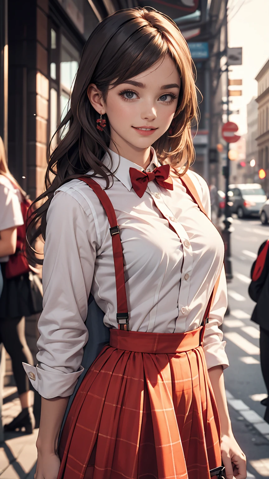 One girl, alone, Small breasts, Suspender skirt, White shirt, Red bow tie, Happy