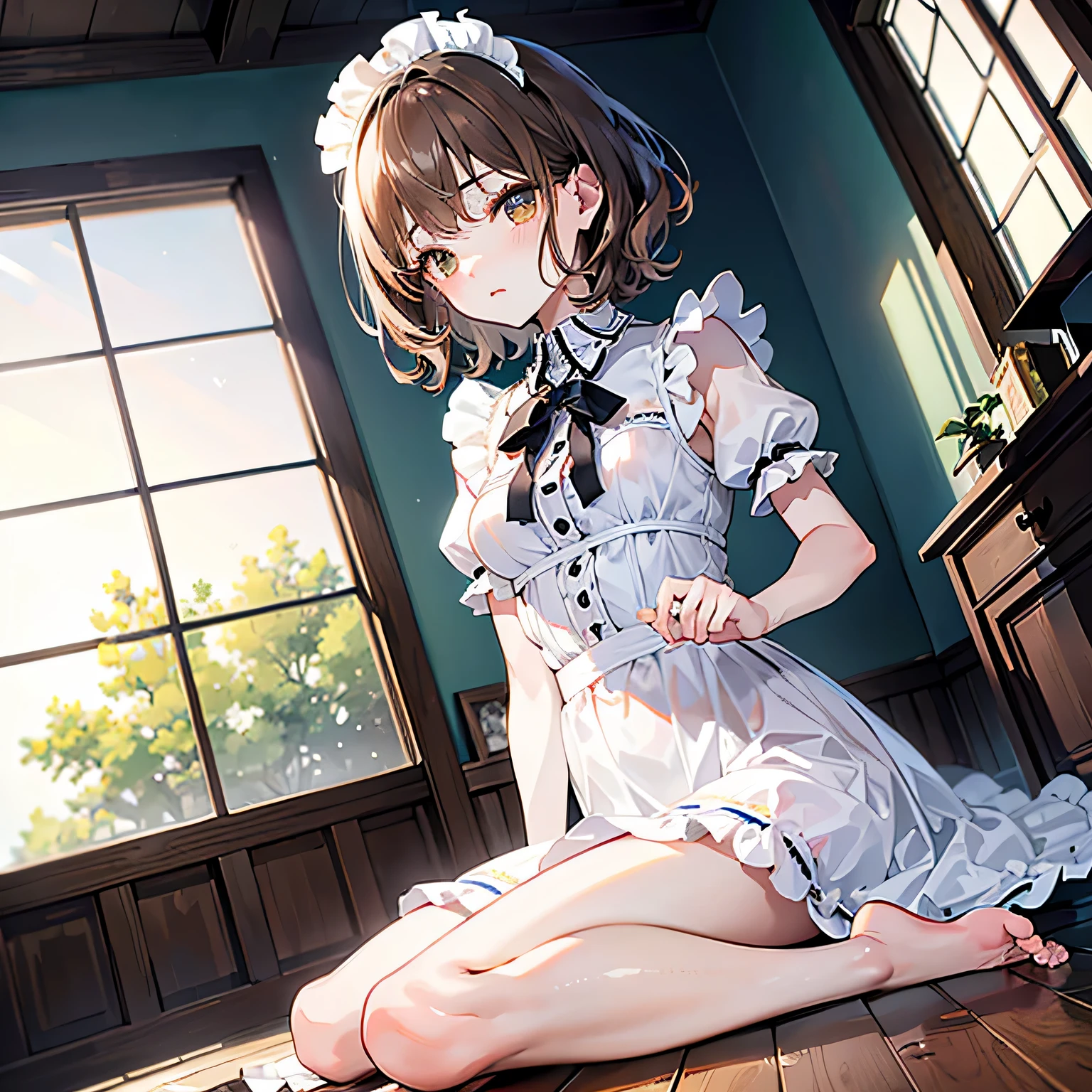 ((best quality)), ((masterpiece)), ((high resolution)), ((ultra-detailed)), ((best illustration)), (detailed), perfect face, perfect fingers, perfect hands, one girl, anime, frightened expression, late s, short hair, wavy hair, light brown hair, light brown eyes, maid uniform, small breasts, luxurious room background, w-sitting on floor, scattered glass shards on floor, angled view