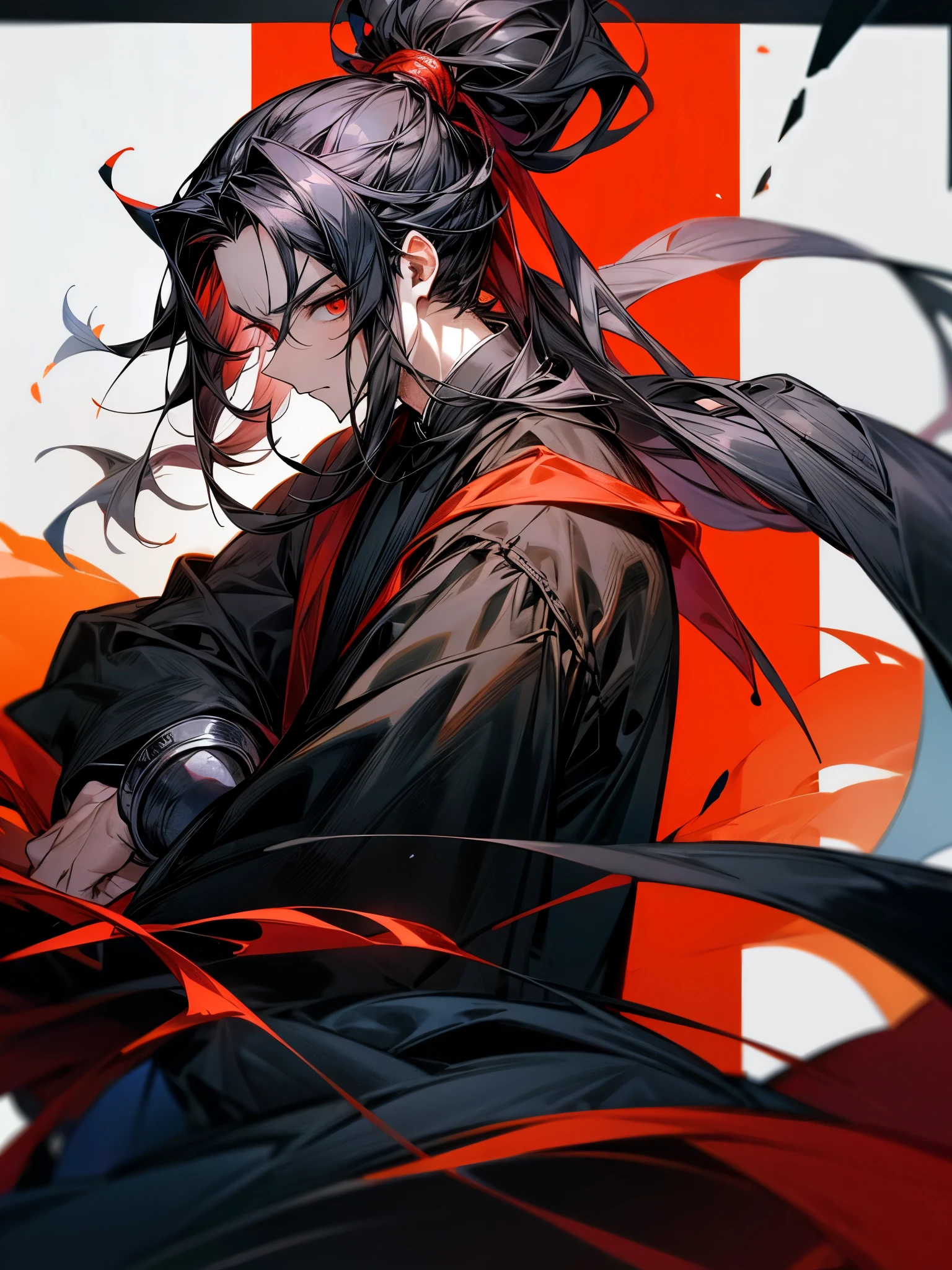 adult man, serious, adult appearance, narrow red eyes, long black hair, tied in a ponytail, magic teacher outfit, black snake around, ultra detailed