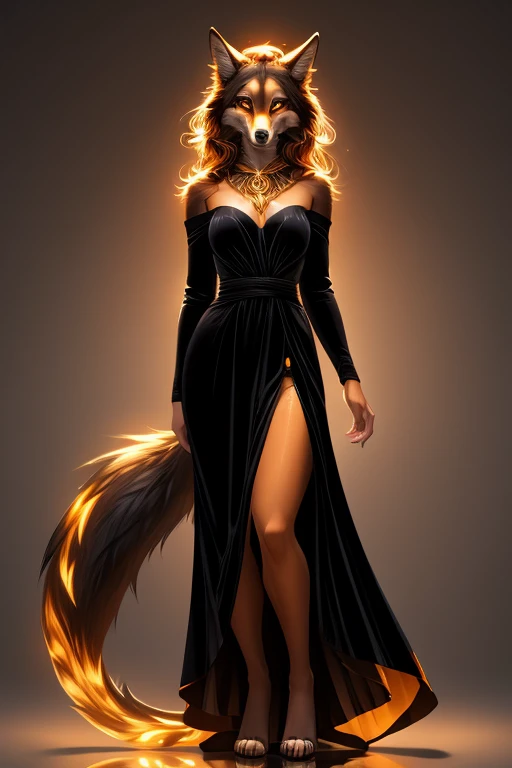 Female wolf, ashen grey fur, ((amber orange ringlet markings:1.3, glowing:0.9)), (long black velvet dress, flowing, high leg slit), high detail amber orange eyes, (standing, elegant pose, full body, front view, facing camera), one hand on hip, grey gradient background, (two tails, amber orange tips), sexy, sophisticated, high detail, dim lighting, contrasting, beautiful