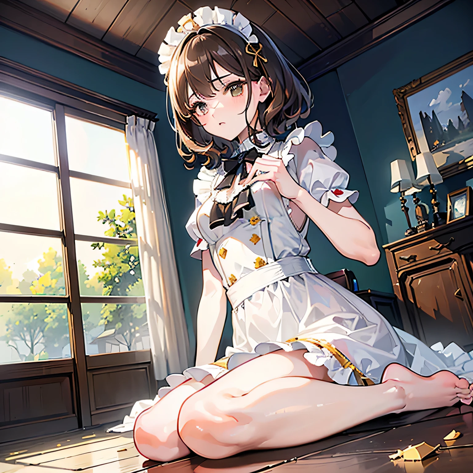 ((best quality)), ((masterpiece)), ((high resolution)), ((ultra-detailed)), ((best illustration)), (detailed), perfect face, perfect fingers, perfect hands, one girl, anime, scared expression, late s, short hair, wavy hair, light brown hair, light brown eyes, maid uniform, small breasts, luxurious room background, w-sitting on floor, scattered glass shards on floor
