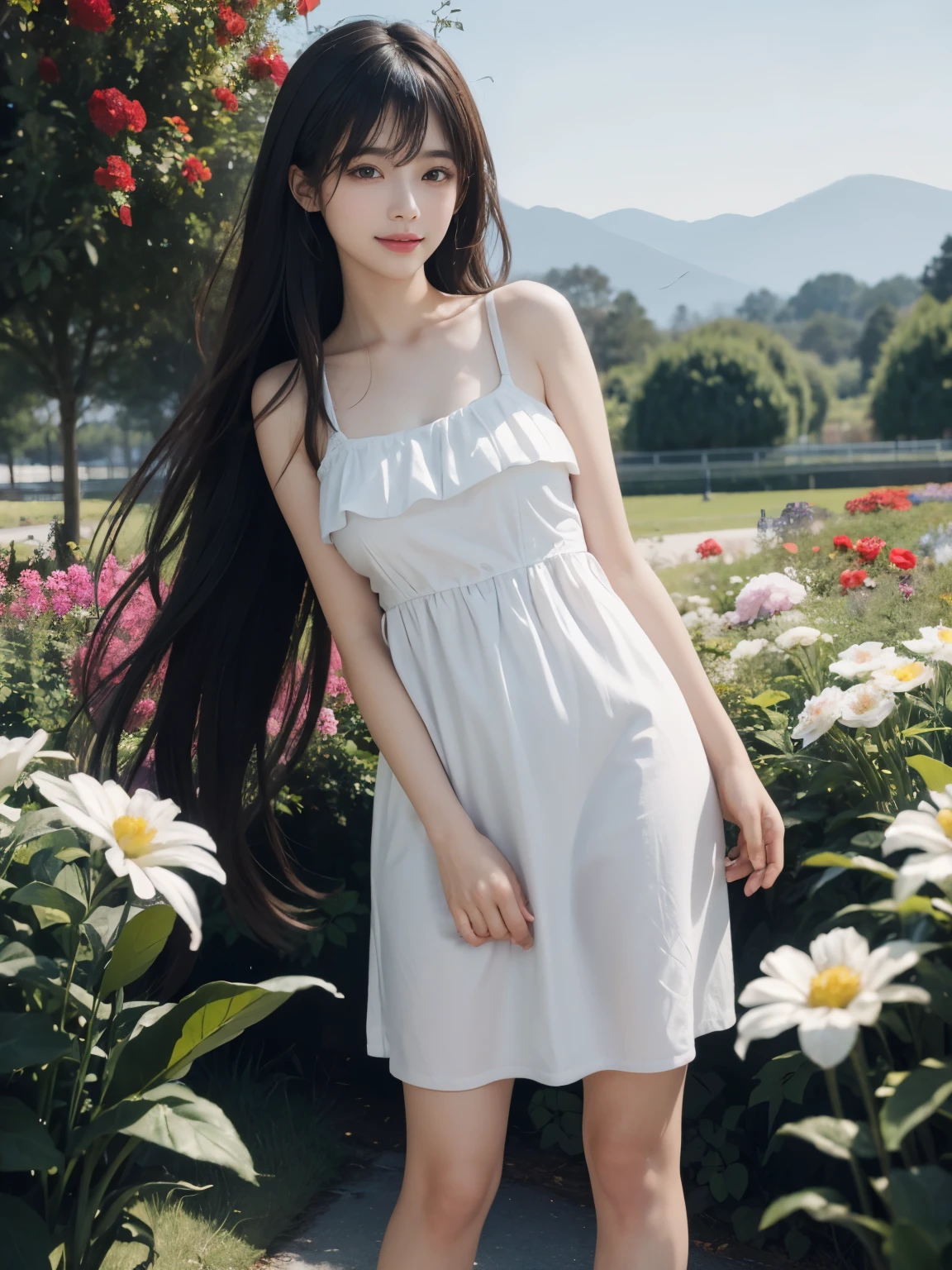 (ultra realistic) , (illustration), (increase resolution), (8K), (extremely detailed), (best illustration), (beautiful detailed eyes), (best quality), (ultra-detailed), (masterpiece), (wallpaper), (detailed face), solo,1 girl, looking at viewers, black straight hair, delicate details, in the dark, deep shadow, low key, pureerosfaceace_v1, happy smile, summer dress, full body, flower garden
