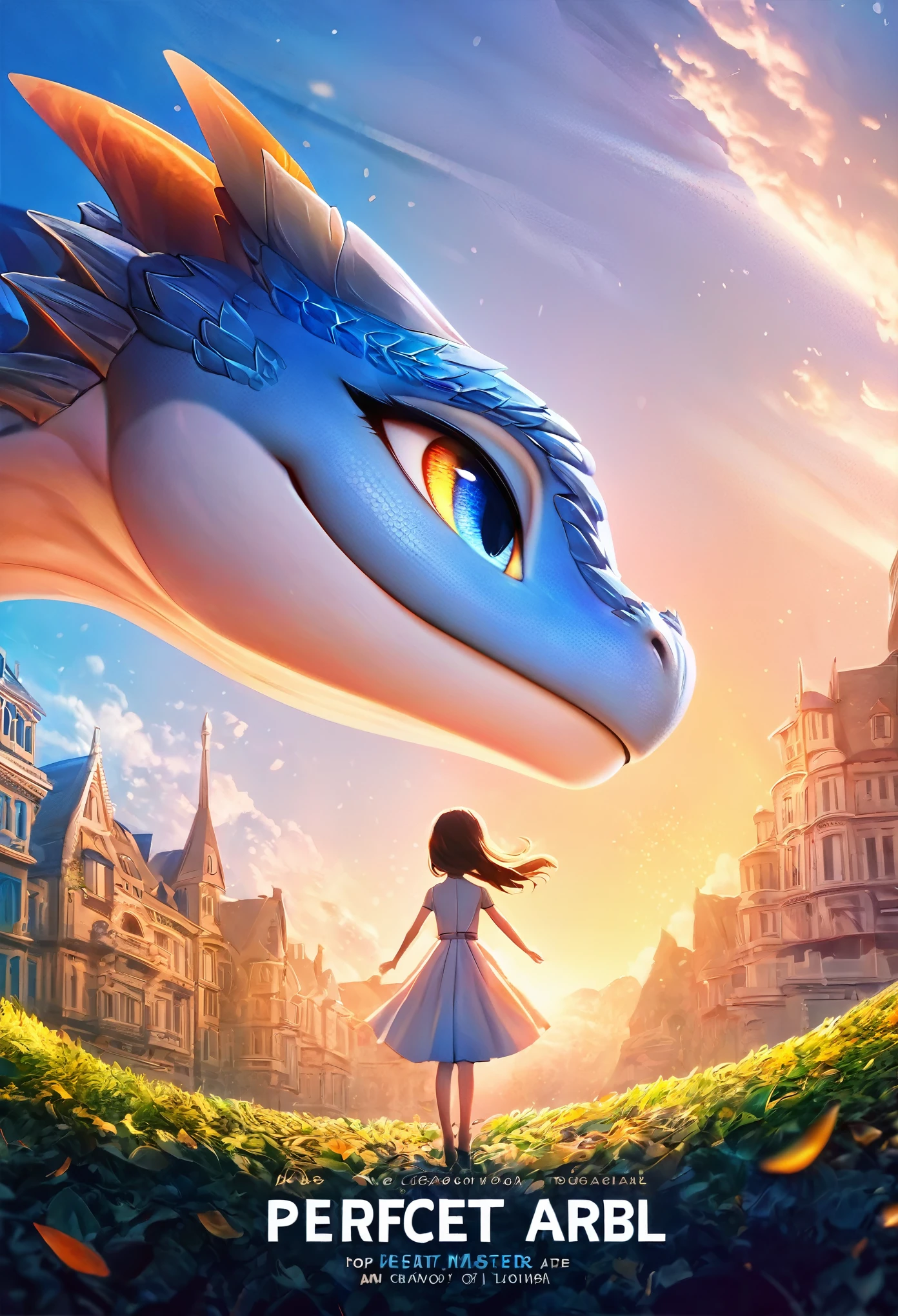 movie poster, highres, top quality, best quality, paid reward available, unparalleled masterpiece, perfect artwork, absurdres, High-quality illustrations, super high resolution, detailed background, perfect anatomy(1girl, large gragon)(animation, movie of a Dragon and human girl)blue sky, smile, smile, happy, joyful, cinematic lighting, title logo,