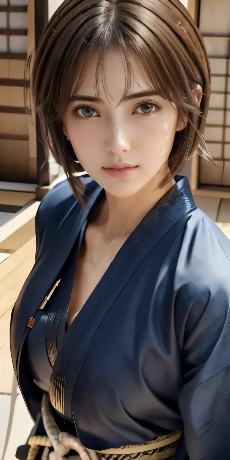 NSFW、16k、Photorealistic、highest quality、masterpiece、Ultra-high resolution、Raw photo、Realistic、Bright lighting、Face Light、Smooth Professional Lighting、Looking at the camera、alone、Adult women、Beautiful woman、Super Beauty、Realistic肌、Moisturized Skin、Realistic eyes and faces、Perfect model body shape、Beautiful Eyes、Big eyes、Inconspicuous tear bags、slim、Medium sized big breasts、No bra、Camel Toe、Beautiful fingers、Very short hair、Very black hair、Very dark eyes、seems to be happy、((Both ears are hidden in the hair))、（A cowboy shot that shows the top of his head）、(((Swordsman、Hakama、Swordsmanship、dojo、samurai)))、
