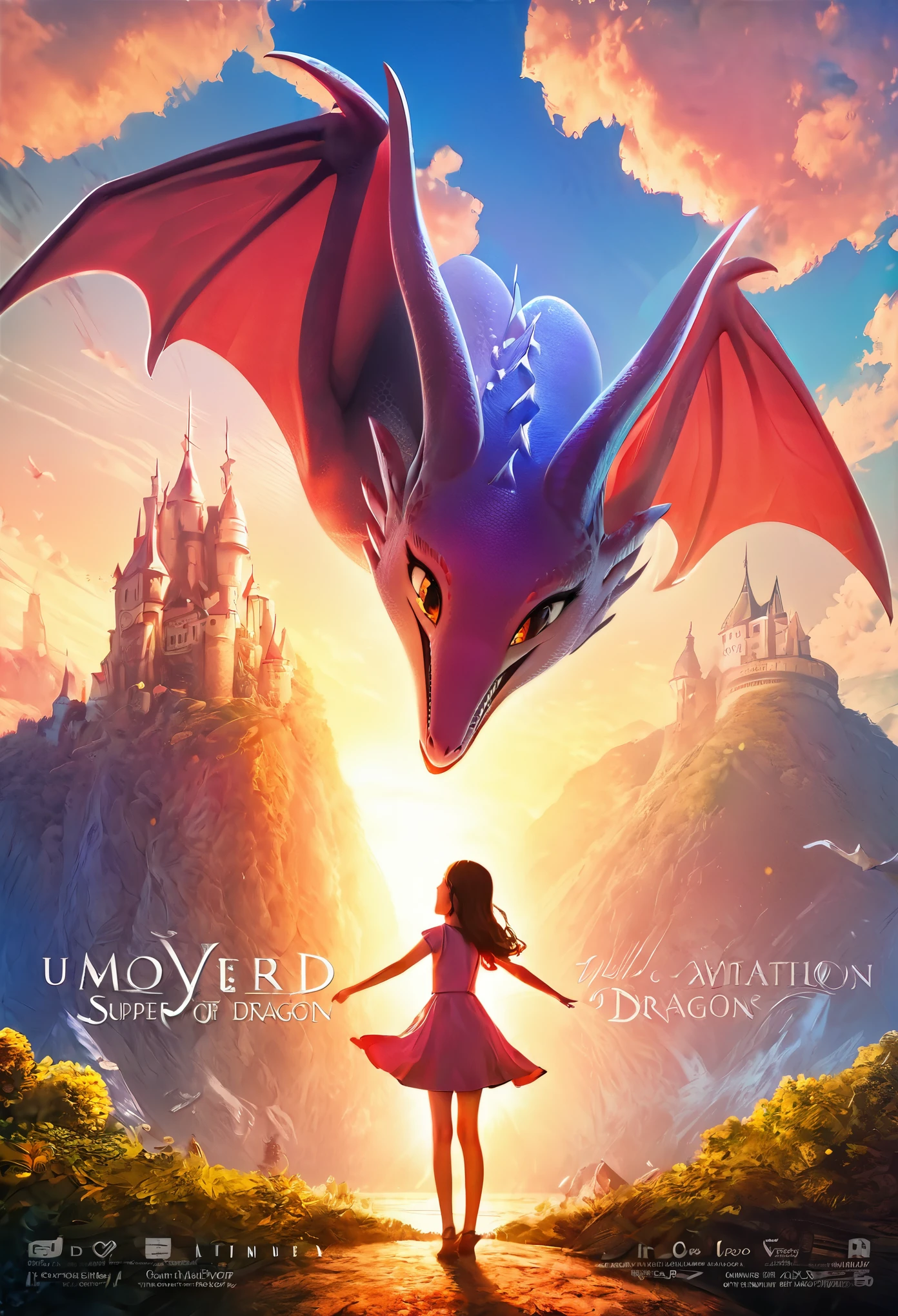 movie poster, highres, top quality, best quality, paid reward available, unparalleled masterpiece, perfect artwork, absurdres, High-quality illustrations, super high resolution, detailed background, perfect anatomy(1girl, large gragon)(animation, movie of a Dragon and human girl)blue sky, smile, smile, happy, joyful, cinematic lighting, title logo,