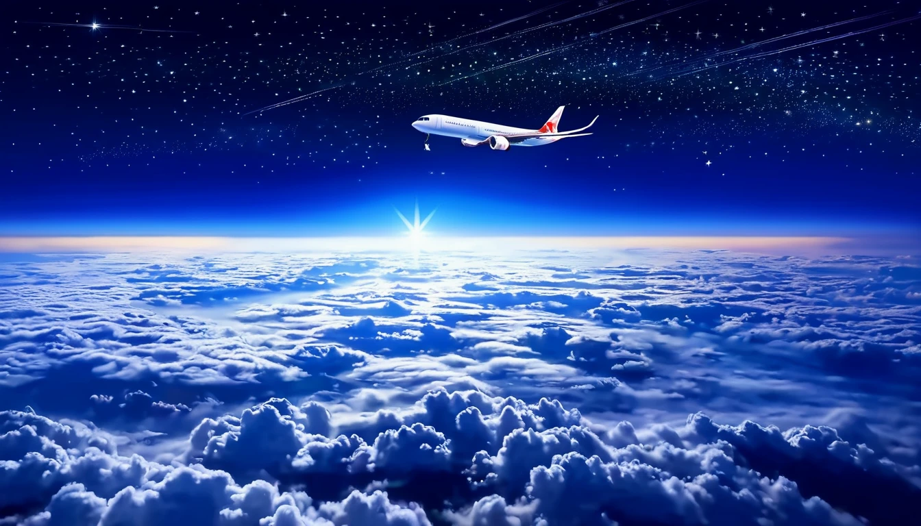 night flight、Passenger plane flying above the sea of clouds、Star of the sky