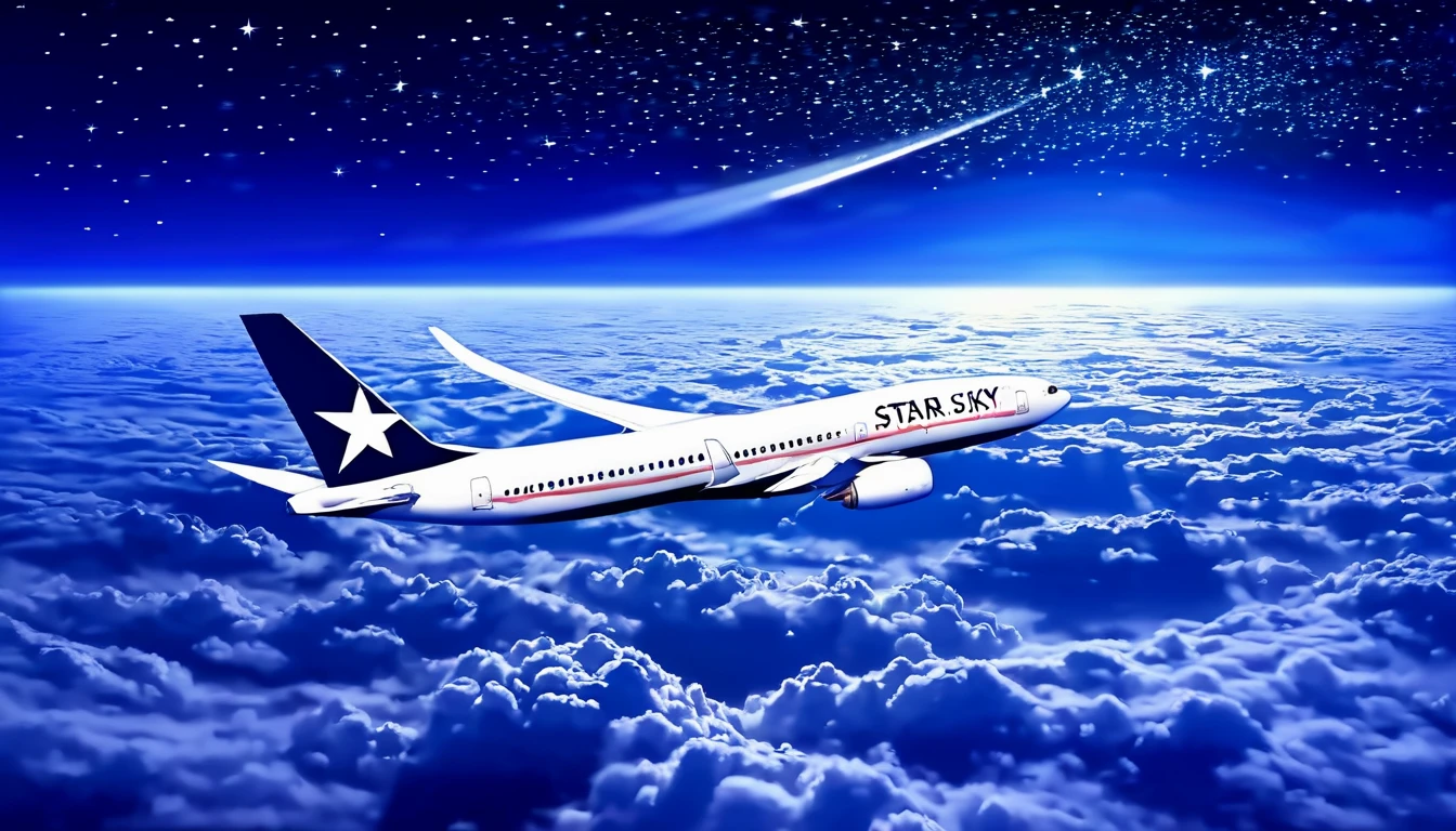 night flight、Passenger plane flying above the sea of clouds、Star of the sky