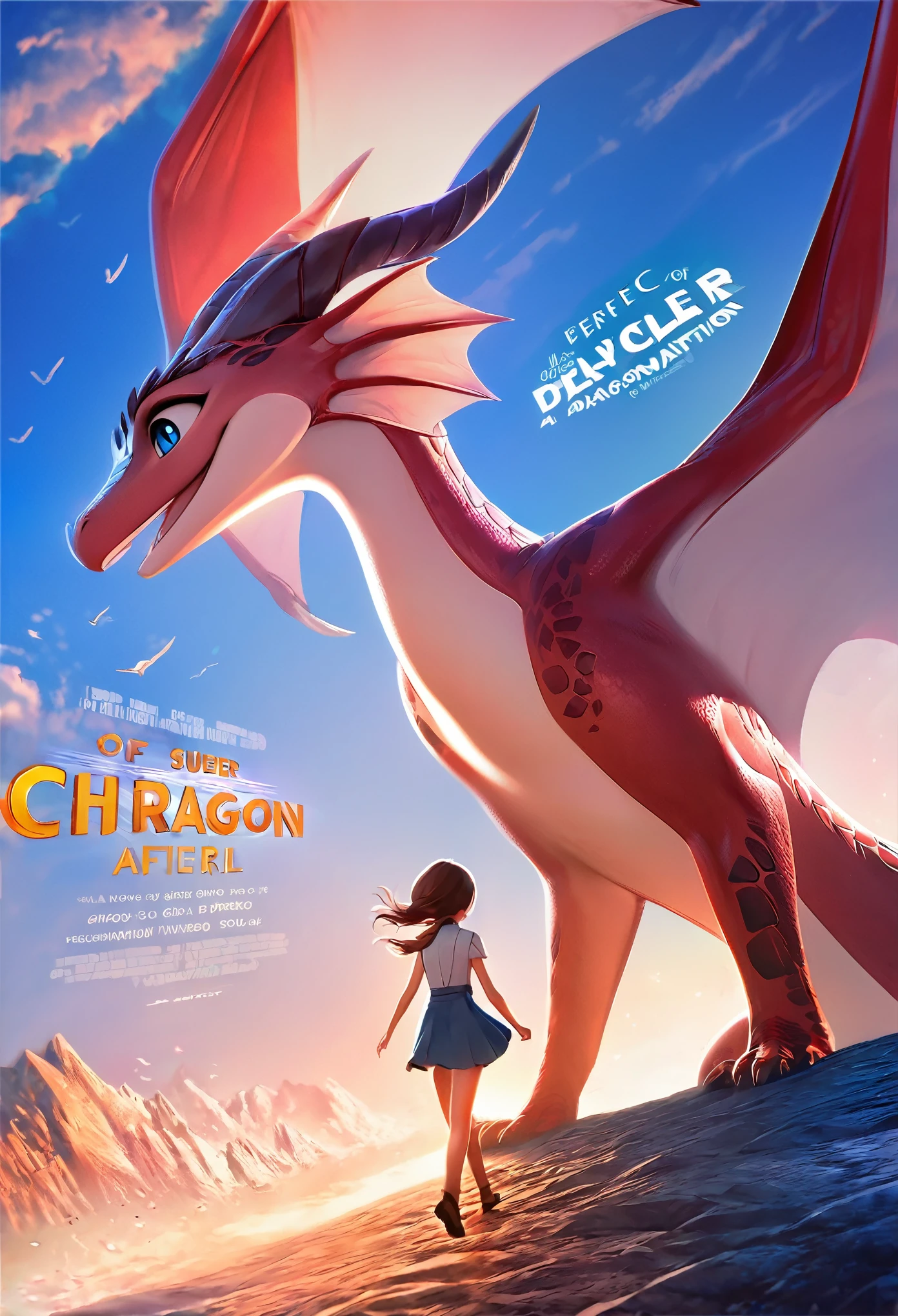 movie poster, highres, top quality, best quality, paid reward available, unparalleled masterpiece, perfect artwork, absurdres, High-quality illustrations, super high resolution, detailed background, perfect anatomy(1girl, large gragon)(animation, movie of a Dragon and human girl)blue sky, smile, smile, happy, joyful, cinematic lighting, title logo,