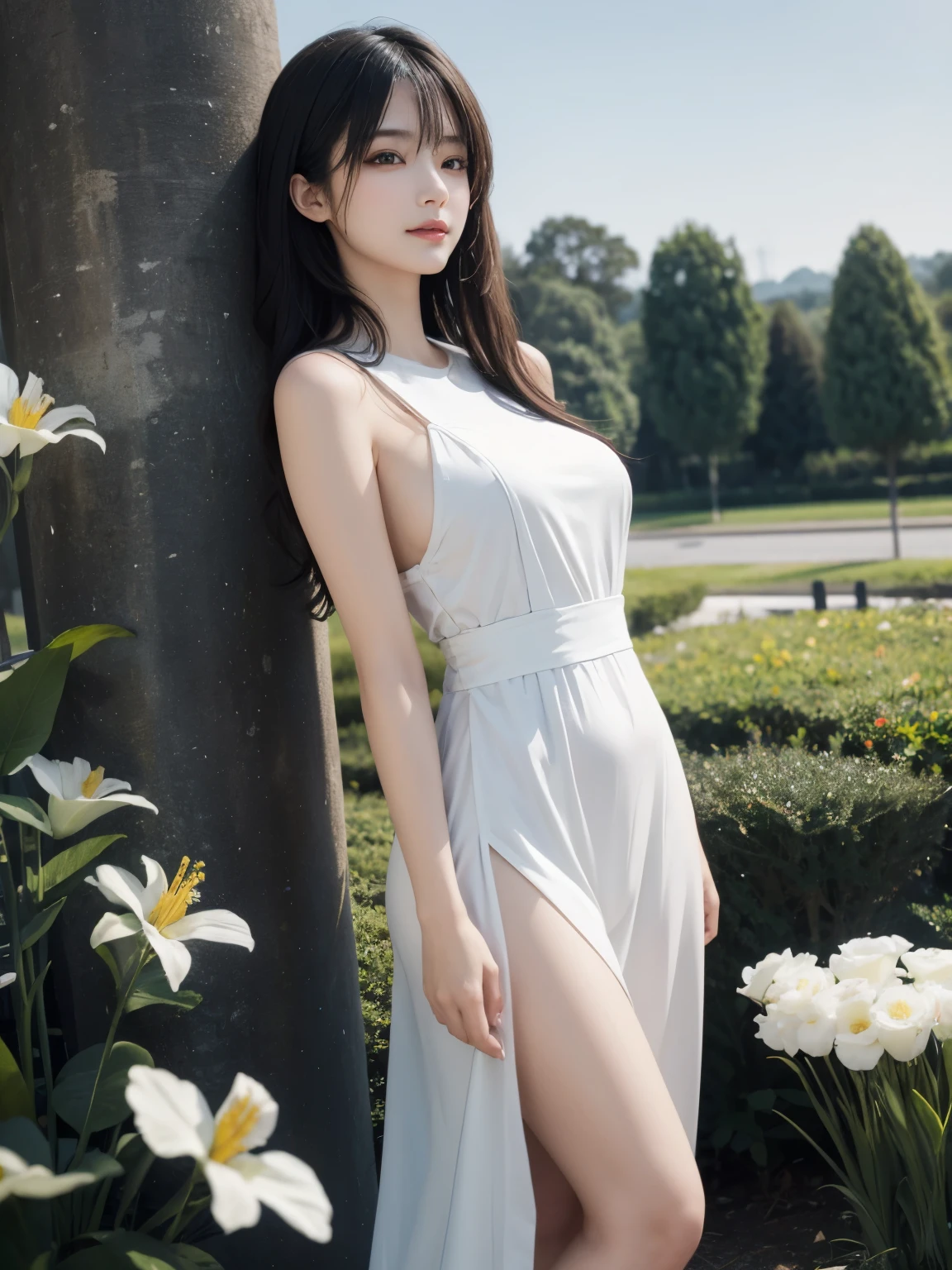 (ultra realistic) , (illustration), (increase resolution), (8K), (extremely detailed), (best illustration), (beautiful detailed eyes), (best quality), (ultra-detailed), (masterpiece), (wallpaper), (detailed face), solo,1 girl, looking at viewers, black straight hair, delicate details, in the dark, deep shadow, low key, pureerosfaceace_v1, happy smile, summer dress, full body, flower garden