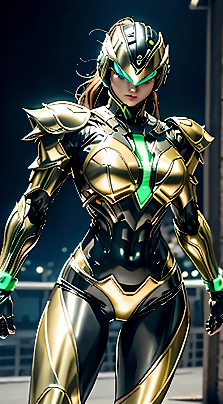 Female Robocop Solo、Bright outdoors、strong light source、8K, high quality, masterpiece, 最high quality、very detailed、Armor that completely covers the whole body、very large armor、Helmet covering the head、clear pictures、The eyes are hidden by thin, straight goggles:1.3、The lower half of the face is raw:1.5、Face exposed from nose down:5.0、Luscious lips、Fluorescent green metallic armor with thin gold lines、Armor that completely covers the chest、Long, slender legs、Vibrant posel body view,Big and ample breasts:1.5, (Sports Body:1.5)、Five Fingers、Photos in the city