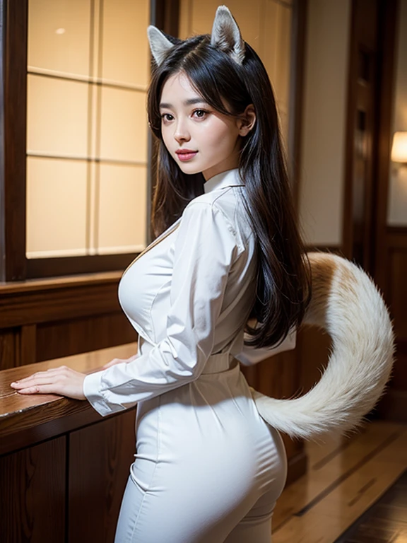 ((highest quality, 32k)), ((masterpiece)), (familiar), Perfect Face, Fox Girl, Beautiful woman, public, Has a tail, She has a fluffy tail, She has a squirrel's tail, She wags her tail, smile, bell collar, She is wearing a pantsuit, Beautiful Hips, Big Breasts, Big tail, A tail sticking out of a pantsuit, she turns around
