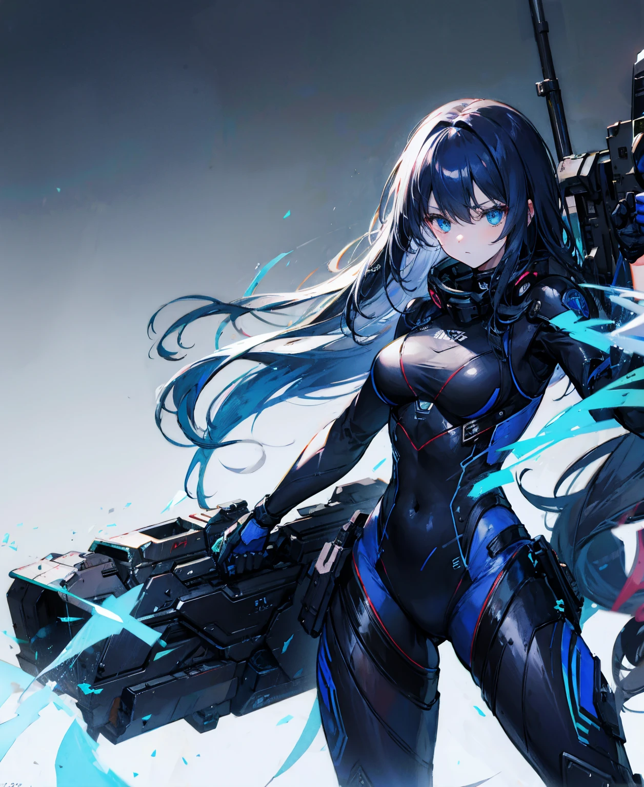 There is no background,girl,Carry a firearm,Patent leather tight suit,Use of firearms,Navy blue long hair,attention arousal,Blue colored eyes,No gradients