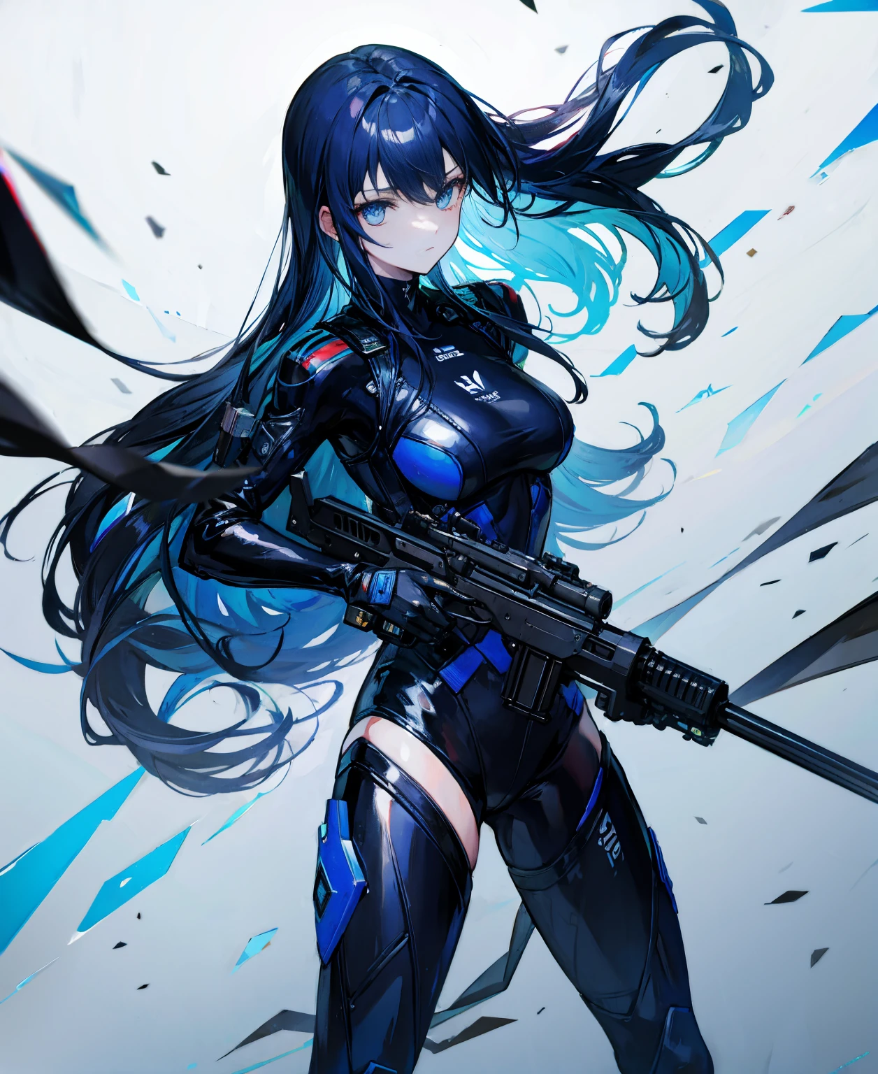 There is no background，girl，Carry a firearm，Patent leather tight suit，Use of firearms，Navy blue long hair，attention arousal，Blue colored eyes,No gradients