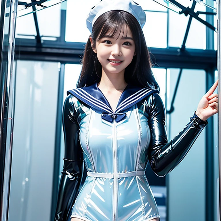 A young and beautiful woman、very beautiful、Top Idol、(Concert)、Euphoric look、smile、sweating、Dance hard、Hair is moving、((Tight transparent latex sailor suit:1.45))、(ribbon、Sailor Hat)、Spotlight、View your viewers、cr1r3、sekiguchirisa、