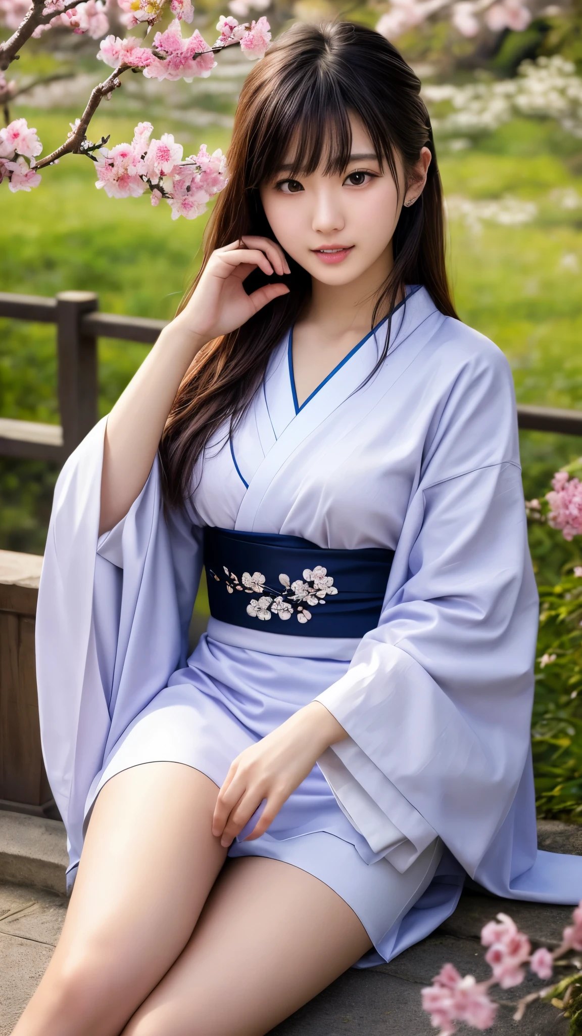 最high quality、high quality、Best image quality、8k、最High resolution、High resolution、最high quality、masterpiece、Detailed and realistic human body、Detailed and realistic skin、Realistic face in every detail、Realistic eyes down to the details、Realistic lips in every detail、Realistic teeth in every detail、Detailed and realistic ears、Detailed and realistic hair、Detailed and realistic weapons、Realistic reproduction of every detail、Realistic fingers in every detail、(Beautiful Hands、thumb1reference4)、Realistic feet down to the last detail、((Beautiful Japanese Girl))、(Japanese Model), (Japanese women)、((18 year old beautiful girl))、(Black Hair)、(Random Hairstyles)、((whole body))、((Upward beautiful breasts))、(petite and slender figure)、(whole body光沢肌、Fair skin)、Soft natural light、Long-sleeved kimono、kimono、yukata、Japanese tradition、Japanese garden、((See-through mesh(花柄入りminikimonoを着用))、((Under the cherry tree(Poses to make your thighs look beautiful))
