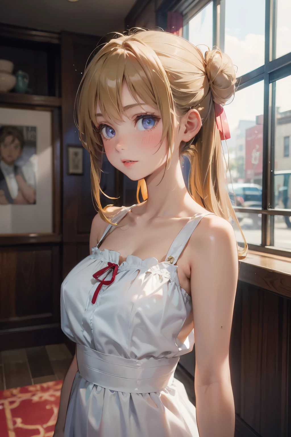 portrait of european girl,solo,20yo,beautiful face,uppser body, blonde hair, tied two buns ,sharp focus,white dress