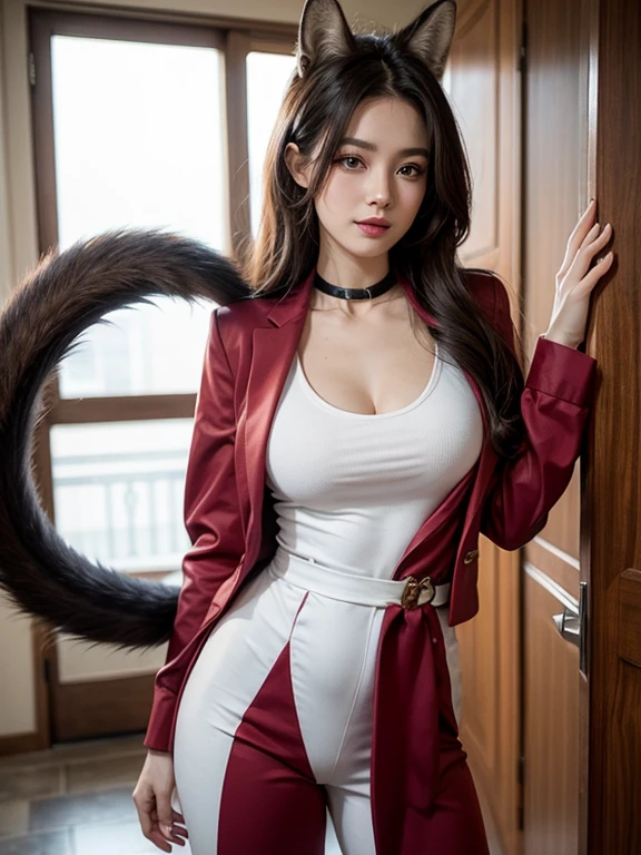 ((highest quality, 32k)), ((masterpiece)), (Familiar), Perfect Face, Fox Girl, Beautiful woman, public, Has a tail, She has a fluffy tail, She has a red fox&#39;s tail., She wags her tail, smile, bell collar, She is wearing a pantsuit, Beautiful Hips, Big Breasts, Big tail, A tail sticking out from inside a pantsuit, she turns around