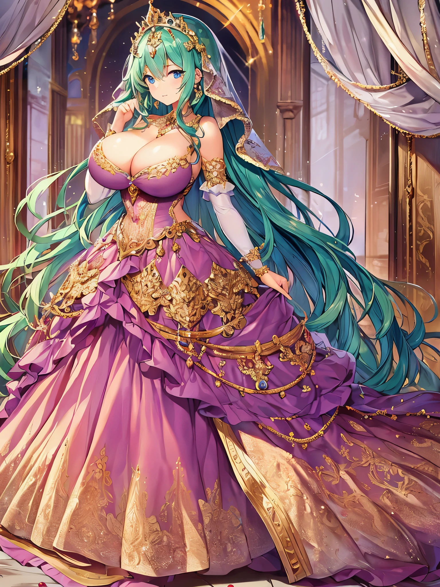 ((anime artstyle)),(Masterpiece),(Best Quality), (Super Detail),(((Very Delicate and Beautiful))),Solo,full body,((full body portrait)),((1 bling-bling princess in beautiful embroidery and jeweled gorgeous rococo ballgown with voluminous full length hoop skirt)),((((absurdly gigantic tits)))),(((cleavage,curvy))),Skindentation,detailed face and eyes,jewel-like eyes,((castle)),((crinoline,long train)),gorgeous princess rococo ballgown with voluminous full length hoop skirt and long train,(((bling-bling gorgeous rococo ballgown with beautiful embroidery and jeweled))),((large amount of straight hair, absurdly long hair,Very Long Straight Hair)),extremely gorgeousfull hair ornament,(bling-bling extremely gorgeous jeweled tiara),luxurious jewelry,full body,((beautiful embroidery and jeweled gorgeous rococo ballgown with voluminous full length hoop skirt))