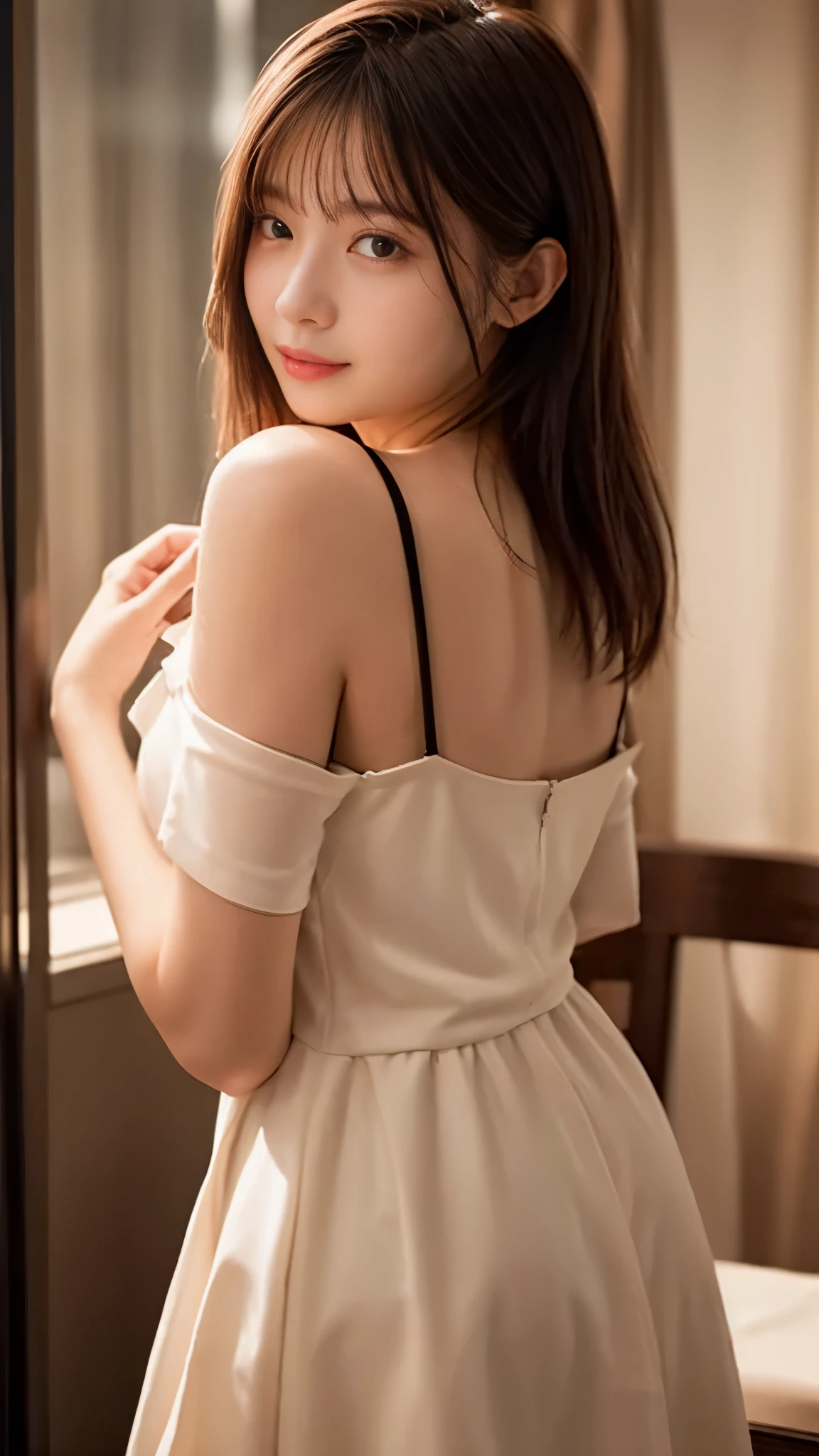 highest quality、4K quality、Man Standing、Woman in off-the-shoulder dress、Small face、18-year-old、The woman is slender、The man&#39;s arms are on the woman&#39;s chest from behind、Woman raises her arms、nude hip