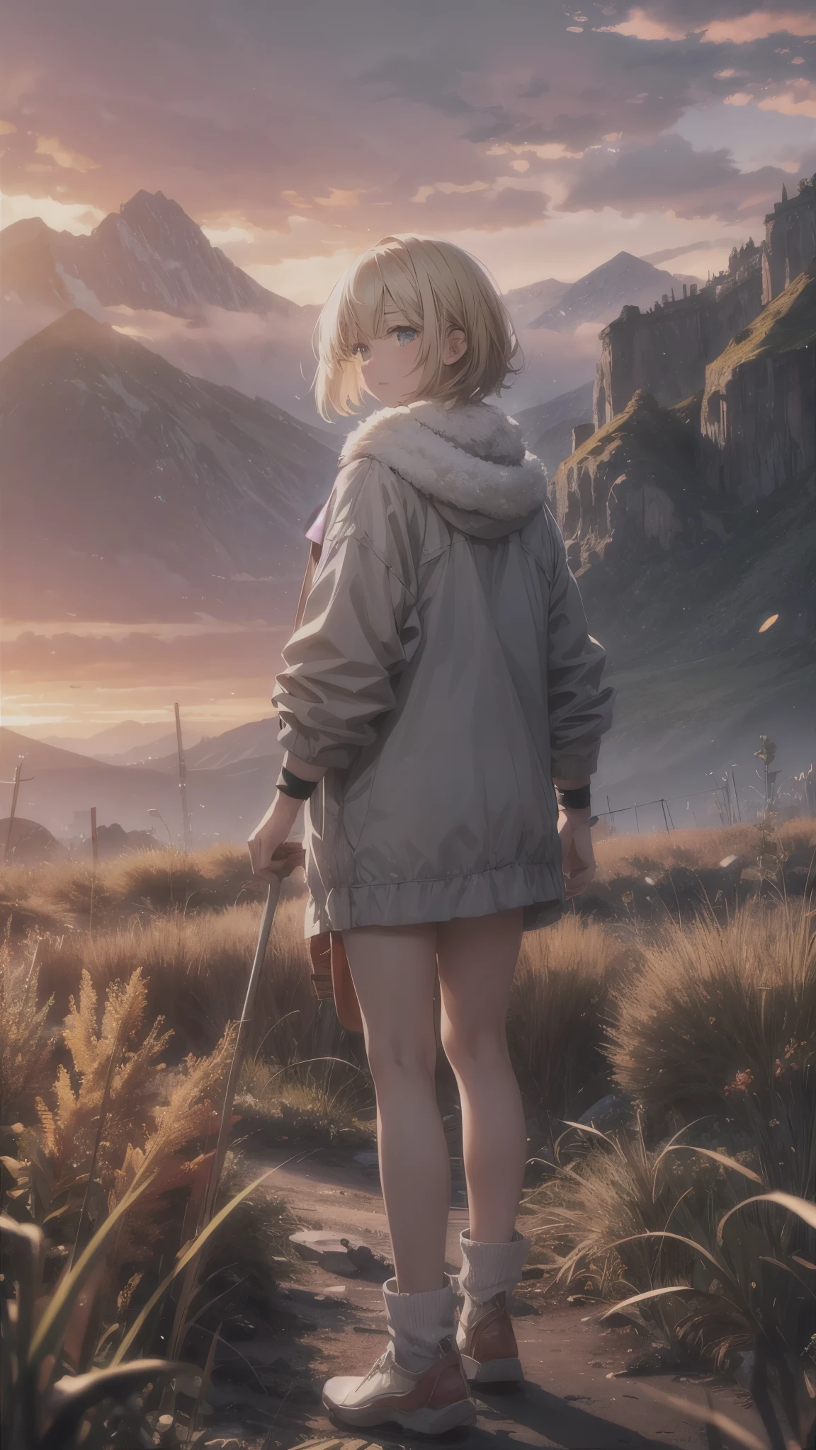 outside the red sky,A girl standing alone on a huge empty glass land,ruin,there is nobody in the huge grassland,A woman in her 20s with short blonde hair,(woman close up)