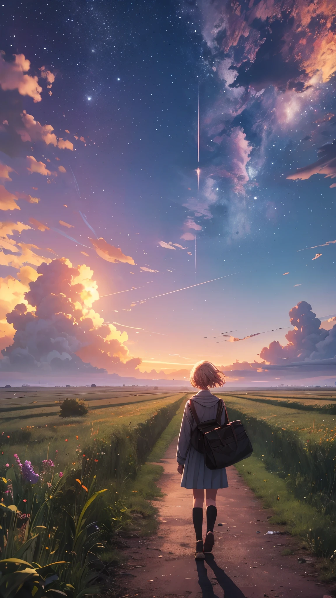 outside the red sky,A girl standing alone on a huge empty glass land,ruin,there is nobody in the huge grassland,A woman in her 20s with short blonde hair,(woman close up)