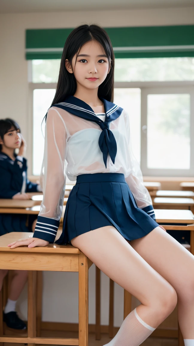 (Happy expression:1.26)、RAW Photos、(((Ultimate beauty full body photo shoot)))、((Glowing Skin))、1 girl、Legs wide open、m字Leg spread、I'm on my knees、Leg spread、The base of the thighs is visible、10 year old beautiful girl in Prague、10th Generation、Primary school students、young、young顔、Bright expression、Detailed face、Fascinating、((Black-haired、Shortcuts:1.2))、skirt、View from the floor、(Light blue and white striped long socks:1.2)、(Thigh-high socks:1.2)、((Sailor suit、uniform、ミニskirt:1.5))、(マイクロskirt、high waist)、(Place your elbows on the desk、Sitting on a chair with legs wide open:1.2)、((she opens her legs and shows me her panties.:1.5))、(See-through panties:1.5)、((Standing on tiptoes))、Counterpoint Shot、((Very detailed))、(完璧にDetailed face)、(Fine hand)、(Finger details)、(good human structure)、A photorealistic masterpiece、最high quality、Very detailed、Film Light、Intricate details、High resolution、Very detailed))、Detailed Background、8KUHD、Digital single-lens reflex camera、Soft Light、high quality、Film Grain、Fujifilm XT3 、Shallow depth of field、natural Soft Light、Kamimei、classroom、A view from a little below、
