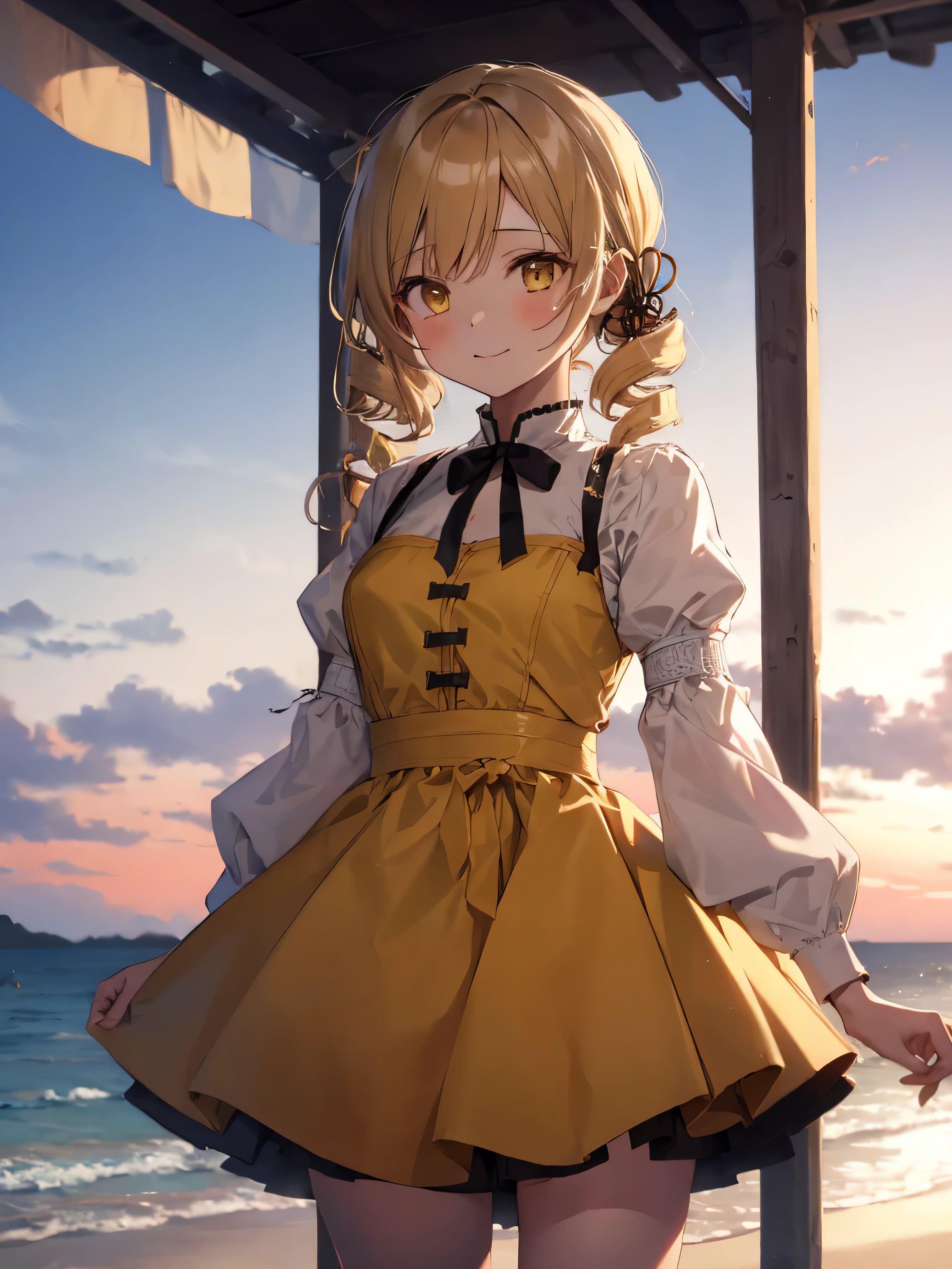 Ultra-detailed, High resolution,Sandy Beach、 8k,One Girl, (mami tomoe), Blonde, Drill Hair, Twin Drill, (Yellow Eyes:1.2), White shirt、Cute clothes, evening, sunset,Mami walking on the beach、Beautiful clear hair has an angelic charm、View from the front、Focus on absolute standardouth closed、Cowboy Shot、observe the audience、Laughter、Cute dresses with ruffles、