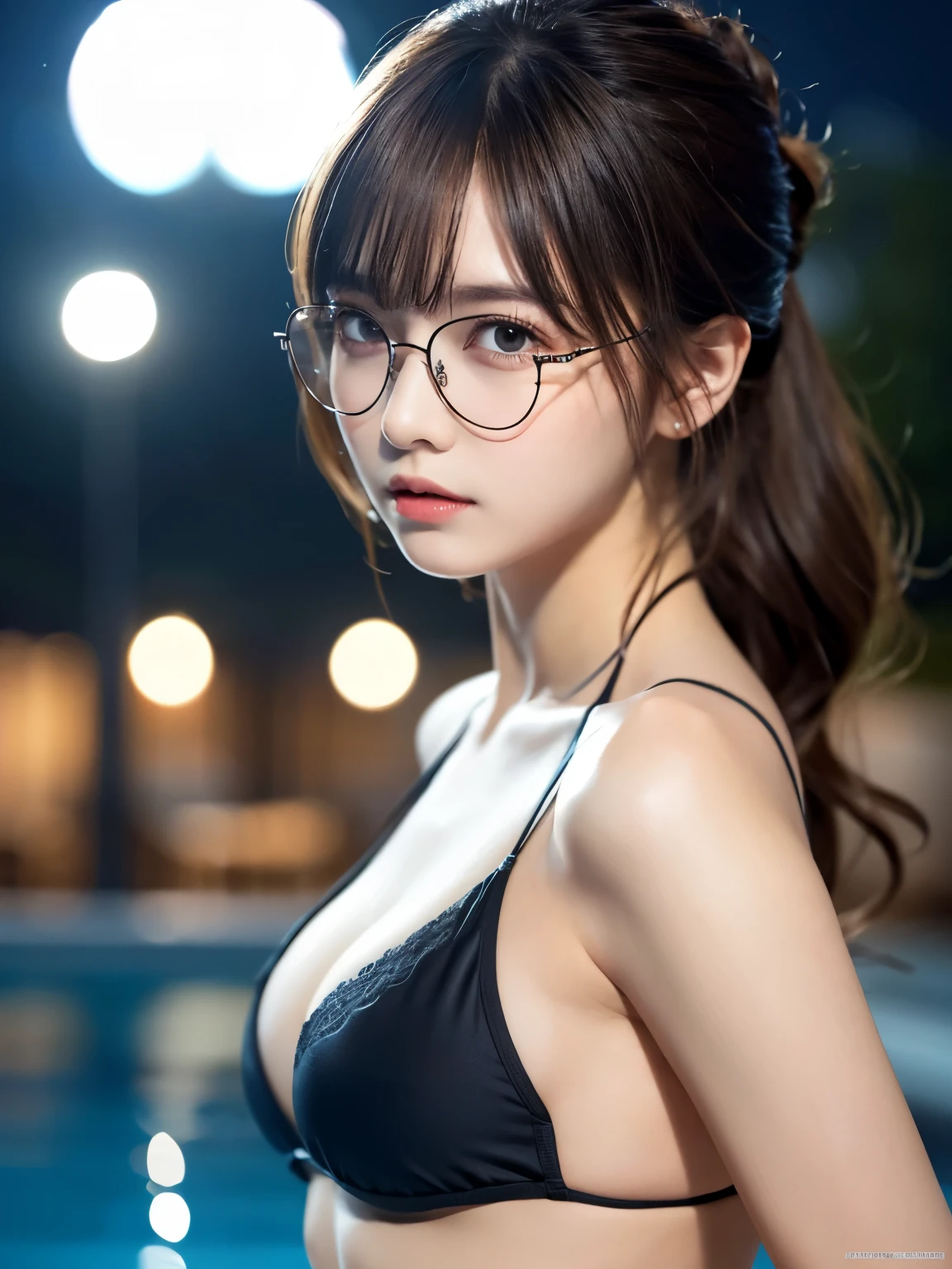 masterpiece, 最high quality, high quality, Very detailed 8k CG unit wallpaper, Depth of written boundary, High resolution, Realistic, Very detailed, Complex, Attention to detail, girl,Makeup,Random hairstyle,Random Color,bikini,Sexy pose,Night Pool(Detailed glasses)